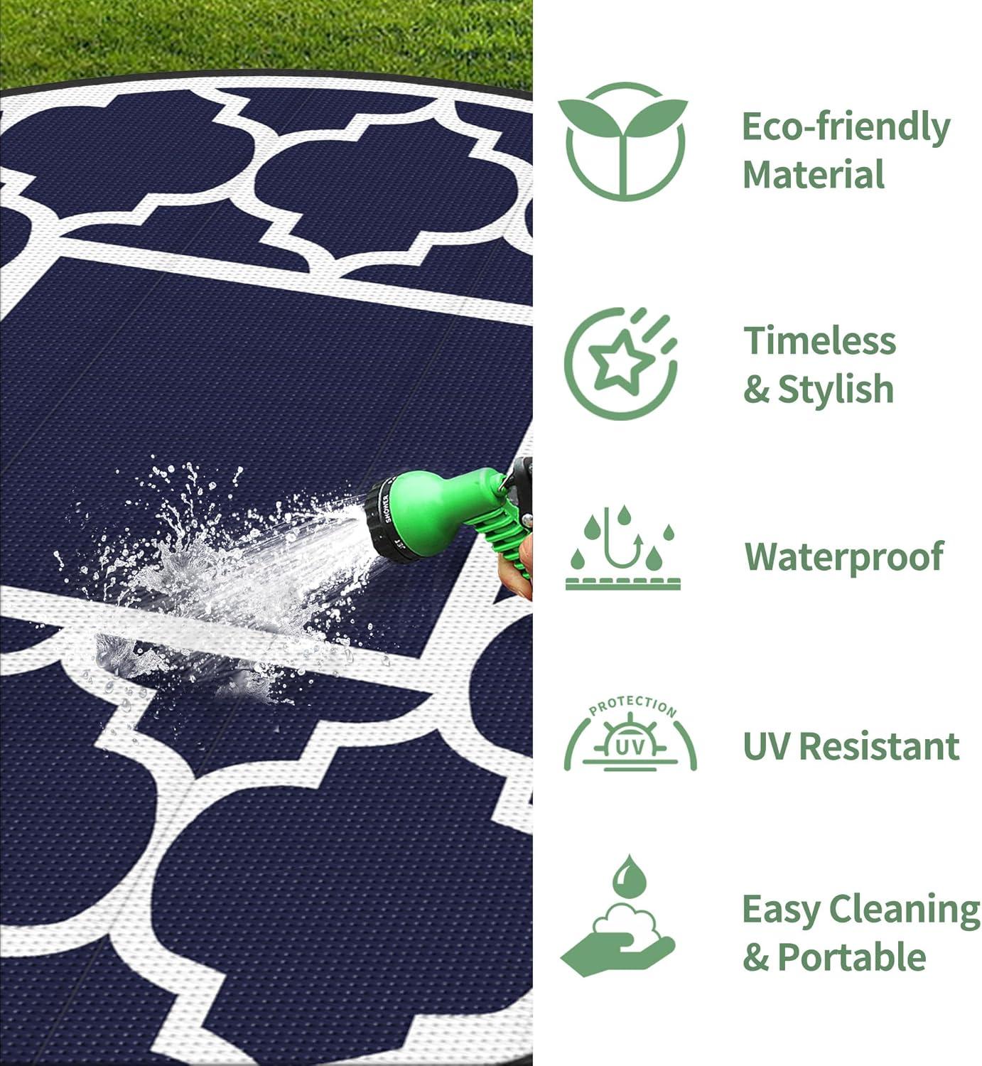 imageGENIMO 5 x 8 Outdoor Rug for Patio Waterproof Indoor Outdoor Plastic Straw Rugs Carpet Reversible Outside Area Mat for Camping Balcony Porch Deck Picnic Beach Navy Blue amp Jade GreenNavy Blue White