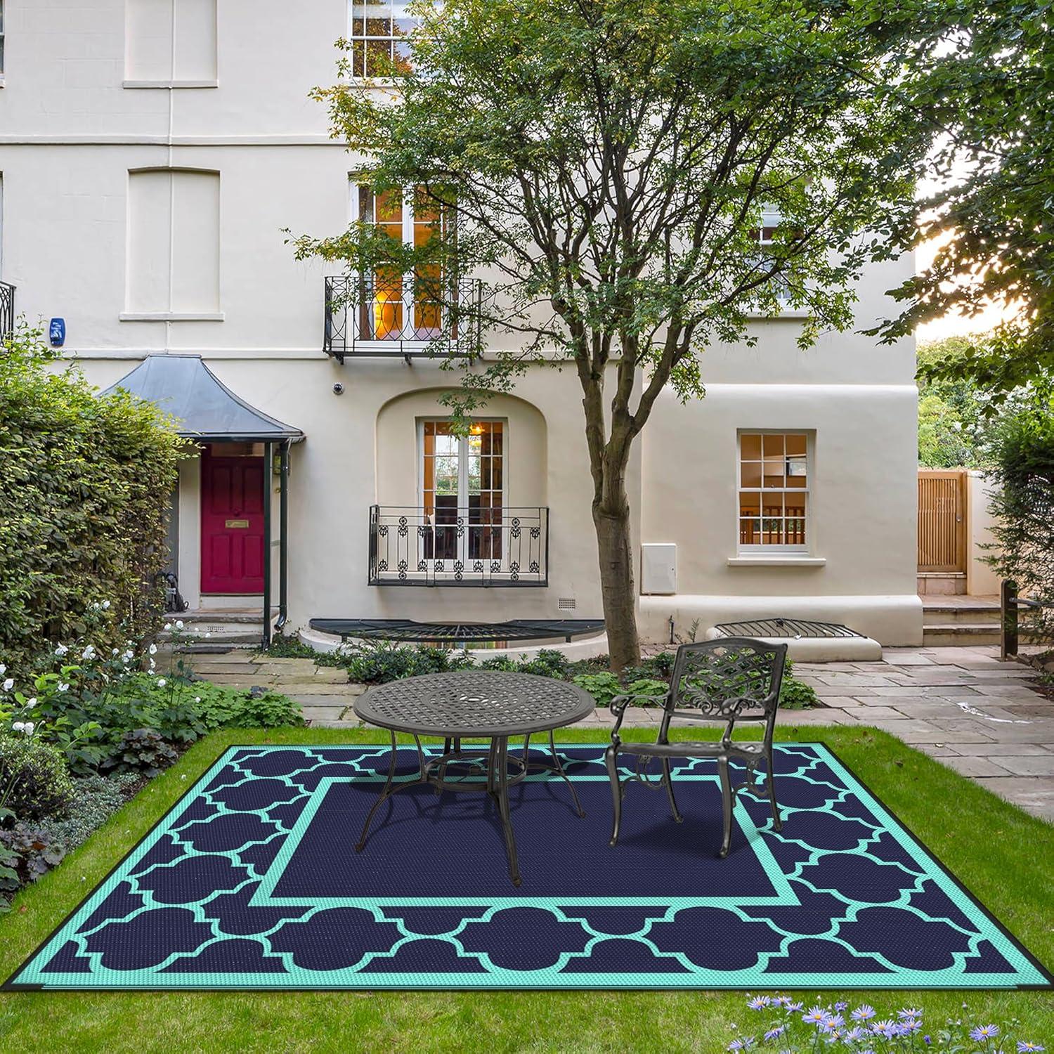 imageGENIMO 5 x 8 Outdoor Rug for Patio Waterproof Indoor Outdoor Plastic Straw Rugs Carpet Reversible Outside Area Mat for Camping Balcony Porch Deck Picnic Beach Navy Blue amp Jade GreenNavy Bluejade Green