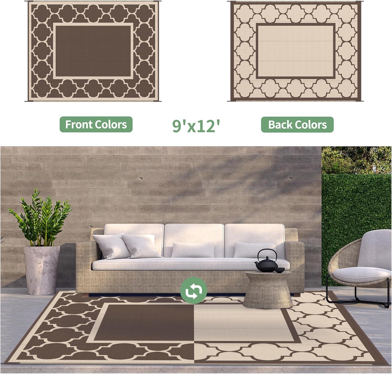 imageGENIMO 5 x 8 Outdoor Rug for Patio Waterproof Indoor Outdoor Plastic Straw Rugs Carpet Reversible Outside Area Mat for Camping Balcony Porch Deck Picnic Beach Navy Blue amp Jade GreenCoffeebeige
