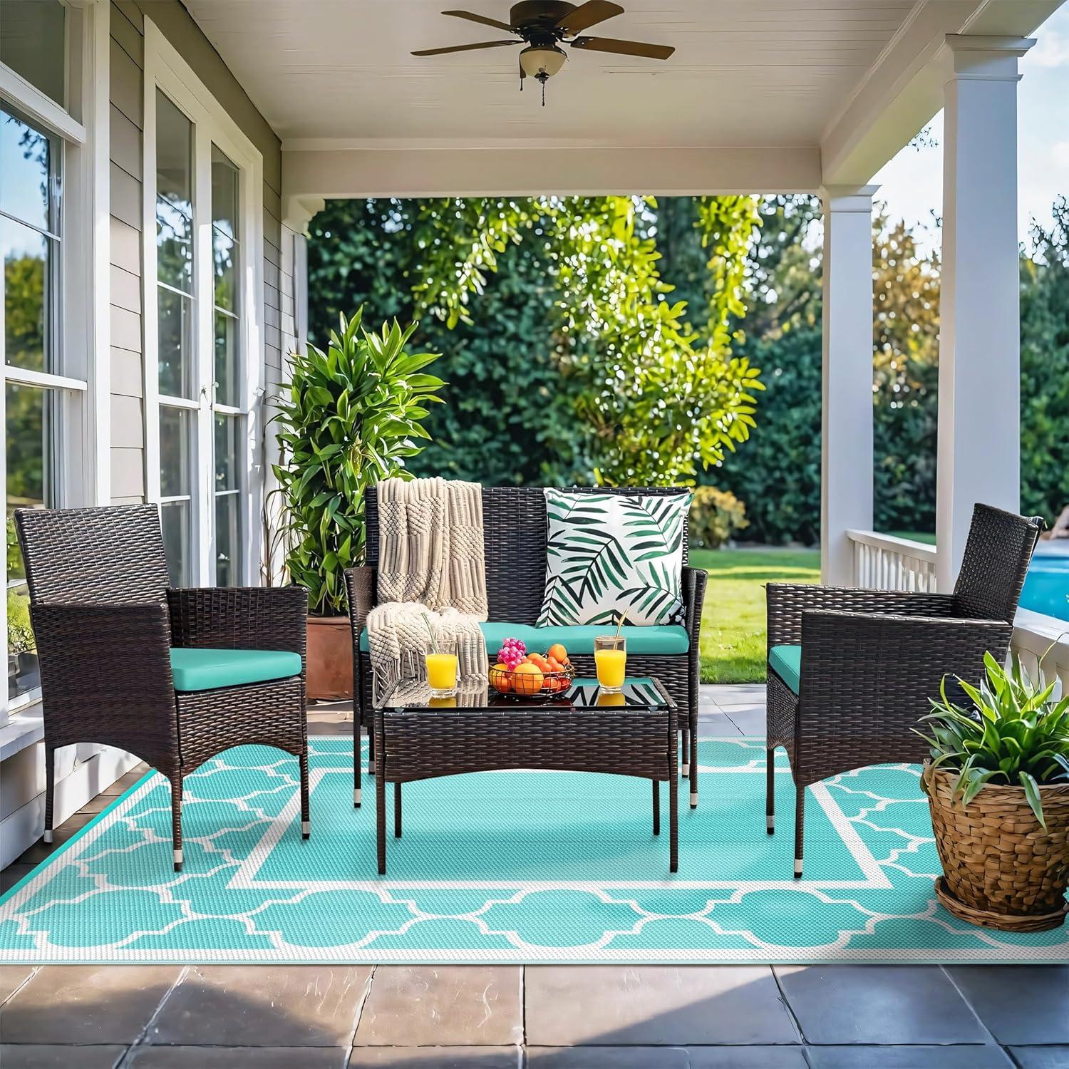 imageGENIMO 5 x 8 Outdoor Rug for Patio Waterproof Indoor Outdoor Plastic Straw Rugs Carpet Reversible Outside Area Mat for Camping Balcony Porch Deck Picnic Beach Navy Blue amp Jade GreenAqua Bluewhite