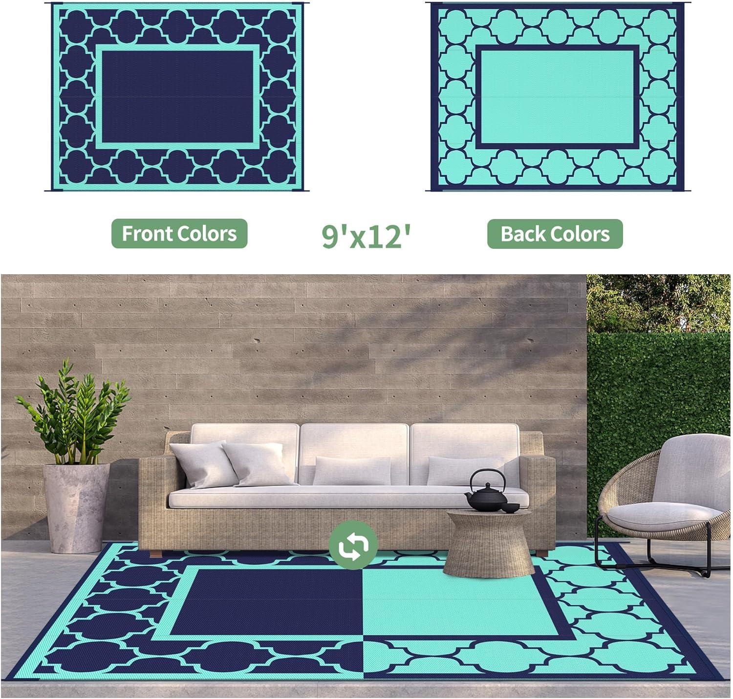 imageGENIMO 5 x 8 Outdoor Rug for Patio Waterproof Indoor Outdoor Plastic Straw Rugs Carpet Reversible Outside Area Mat for Camping Balcony Porch Deck Picnic Beach Navy Blue amp Jade GreenNavy Bluejade Green