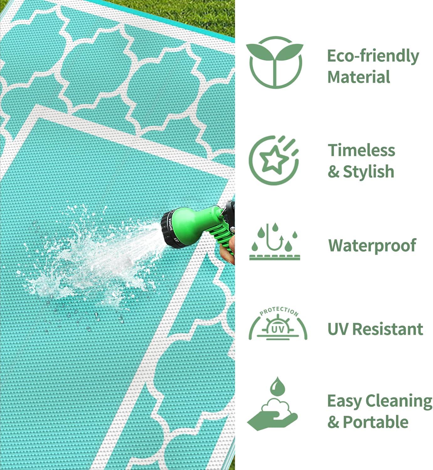 imageGENIMO 5 x 8 Outdoor Rug for Patio Waterproof Indoor Outdoor Plastic Straw Rugs Carpet Reversible Outside Area Mat for Camping Balcony Porch Deck Picnic Beach Navy Blue amp Jade GreenAqua Bluewhite
