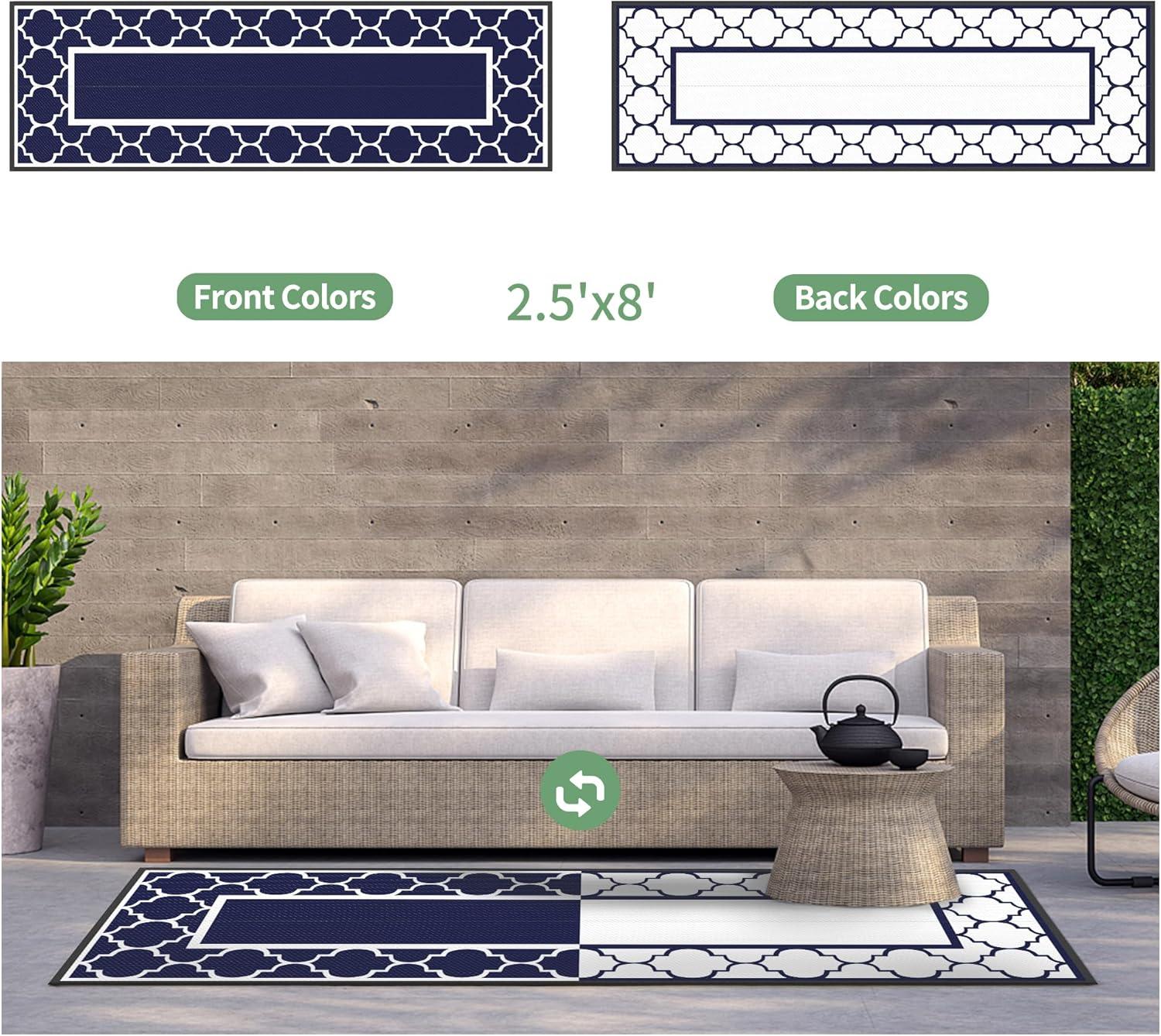 imageGENIMO 5 x 8 Outdoor Rug for Patio Waterproof Indoor Outdoor Plastic Straw Rugs Carpet Reversible Outside Area Mat for Camping Balcony Porch Deck Picnic Beach Navy Blue amp Jade GreenNavy Blue White