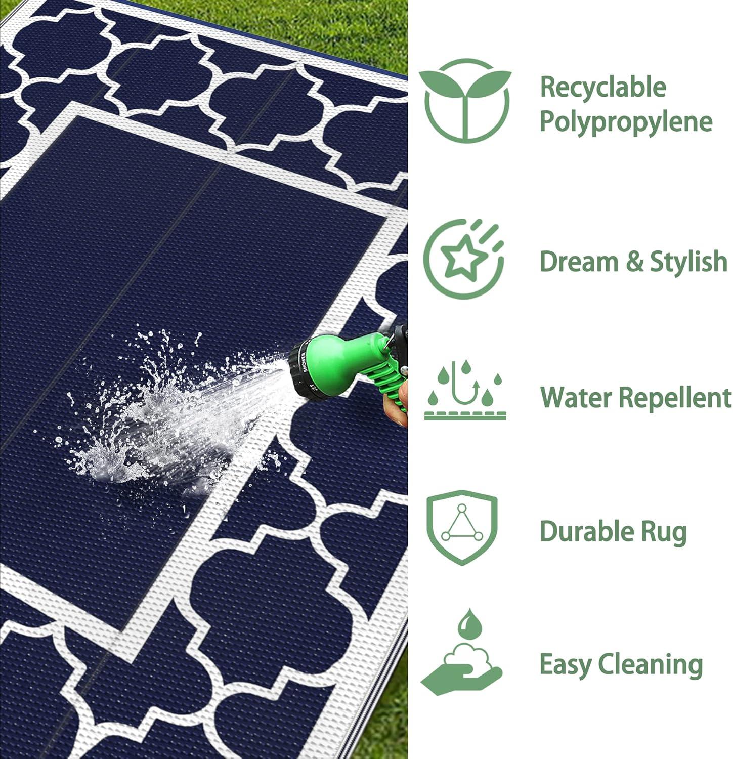 imageGENIMO 5 x 8 Outdoor Rug for Patio Waterproof Indoor Outdoor Plastic Straw Rugs Carpet Reversible Outside Area Mat for Camping Balcony Porch Deck Picnic Beach Navy Blue amp Jade GreenNavy Blue White
