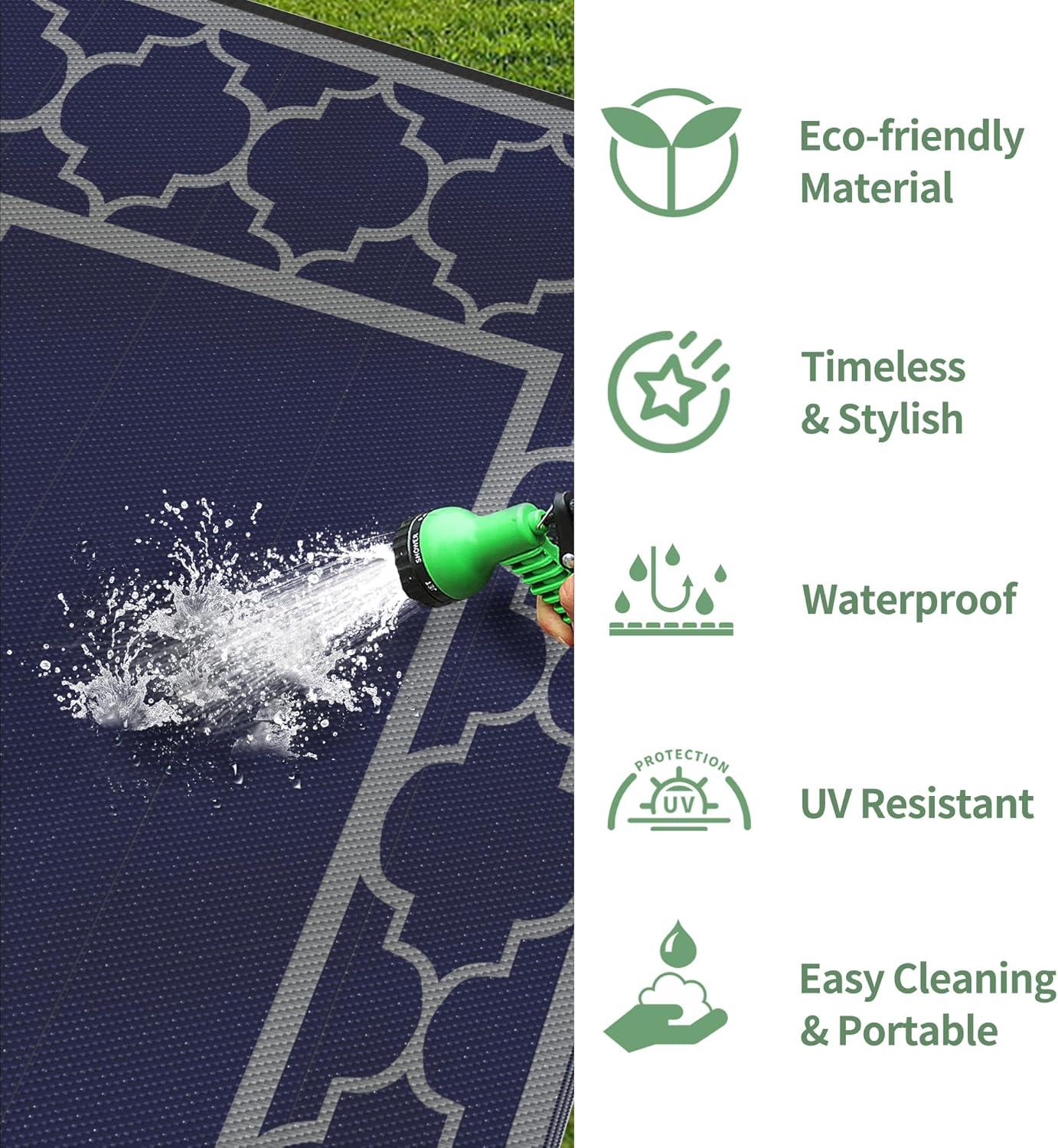 imageGENIMO 5 x 8 Outdoor Rug for Patio Waterproof Indoor Outdoor Plastic Straw Rugs Carpet Reversible Outside Area Mat for Camping Balcony Porch Deck Picnic Beach Navy Blue amp Jade GreenBlue Grey