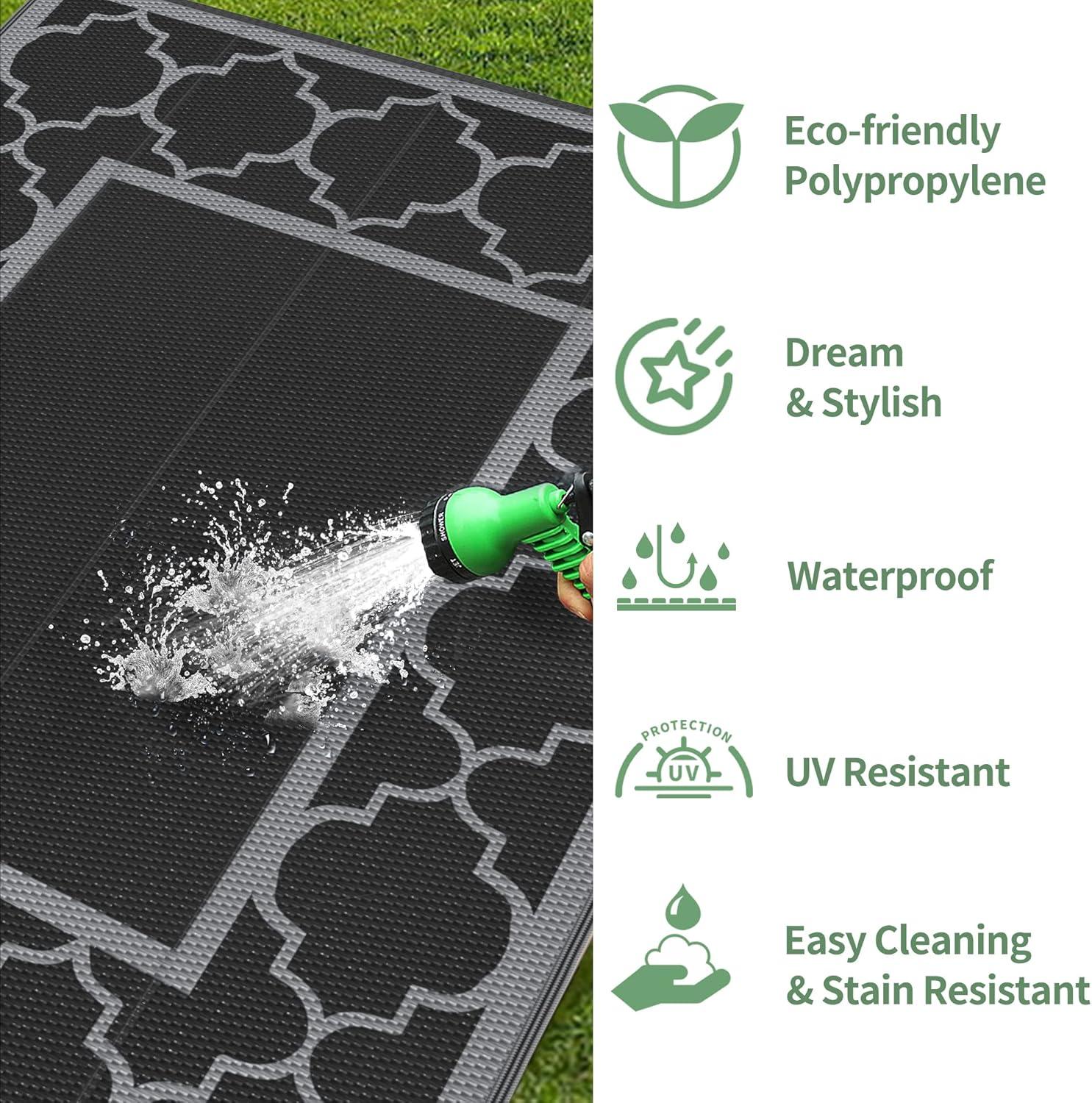 imageGENIMO 5 x 8 Outdoor Rug for Patio Waterproof Indoor Outdoor Plastic Straw Rugs Carpet Reversible Outside Area Mat for Camping Balcony Porch Deck Picnic Beach Navy Blue amp Jade GreenLanternBlackgray