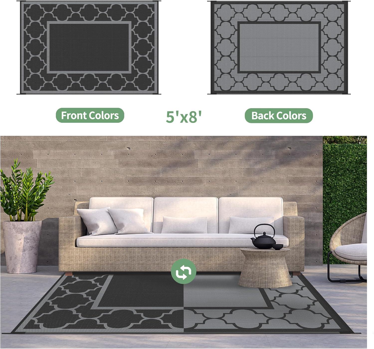 imageGENIMO 5 x 8 Outdoor Rug for Patio Waterproof Indoor Outdoor Plastic Straw Rugs Carpet Reversible Outside Area Mat for Camping Balcony Porch Deck Picnic Beach Navy Blue amp Jade GreenLanternBlackgray