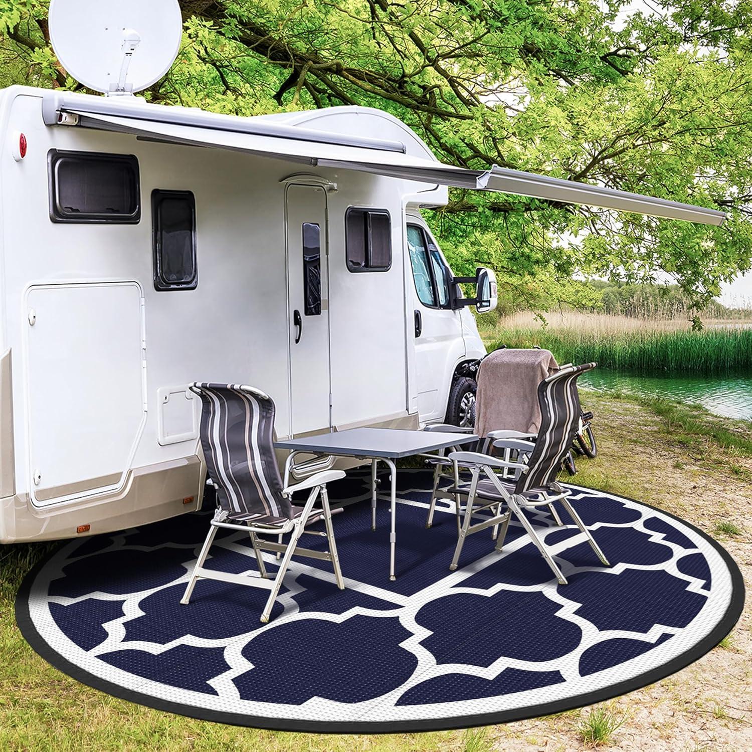 imageGENIMO 5 x 8 Outdoor Rug for Patio Waterproof Indoor Outdoor Plastic Straw Rugs Carpet Reversible Outside Area Mat for Camping Balcony Porch Deck Picnic Beach Navy Blue amp Jade GreenNavy Blue White