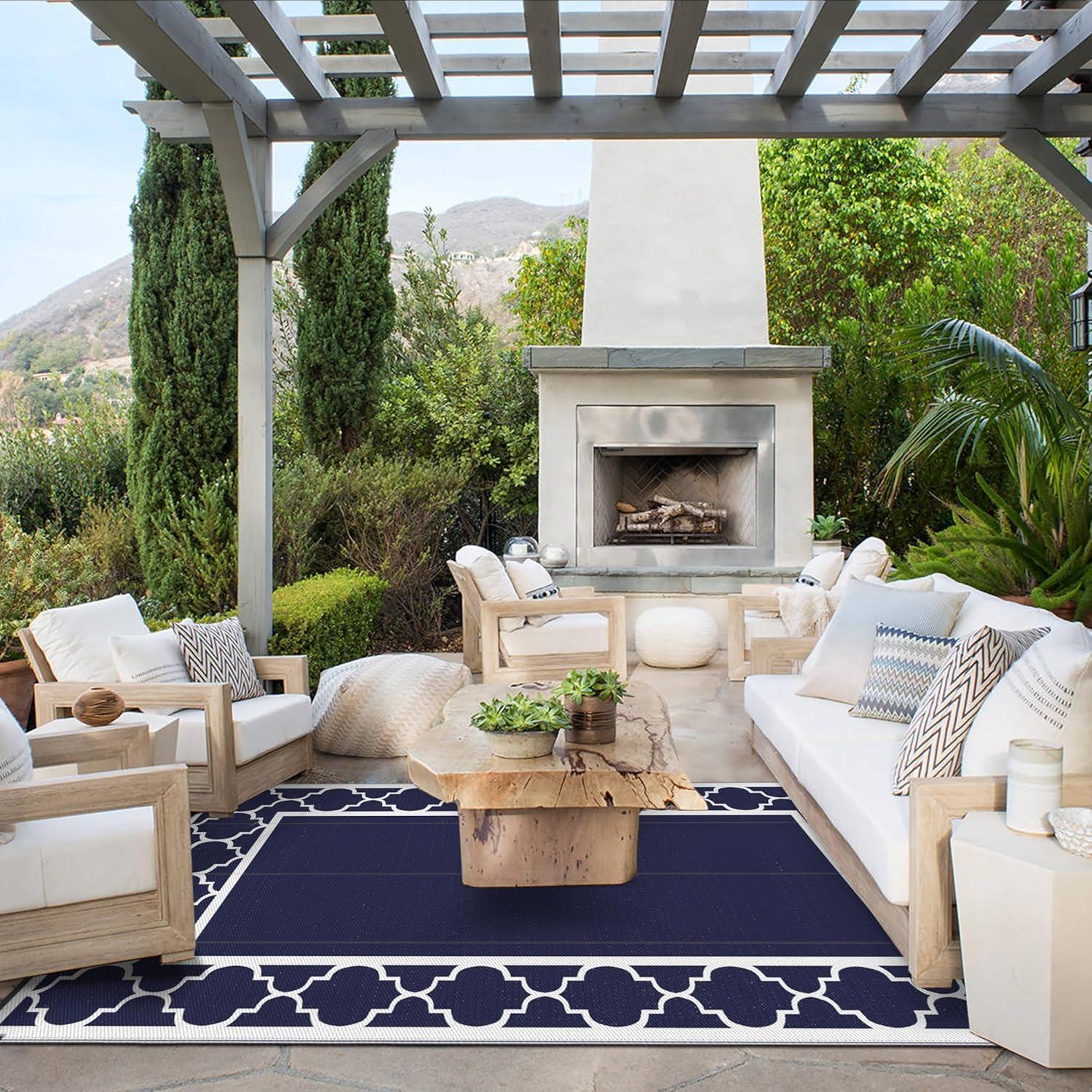 imageGENIMO 5 x 8 Outdoor Rug for Patio Waterproof Indoor Outdoor Plastic Straw Rugs Carpet Reversible Outside Area Mat for Camping Balcony Porch Deck Picnic Beach Navy Blue amp Jade GreenNavy Blue White