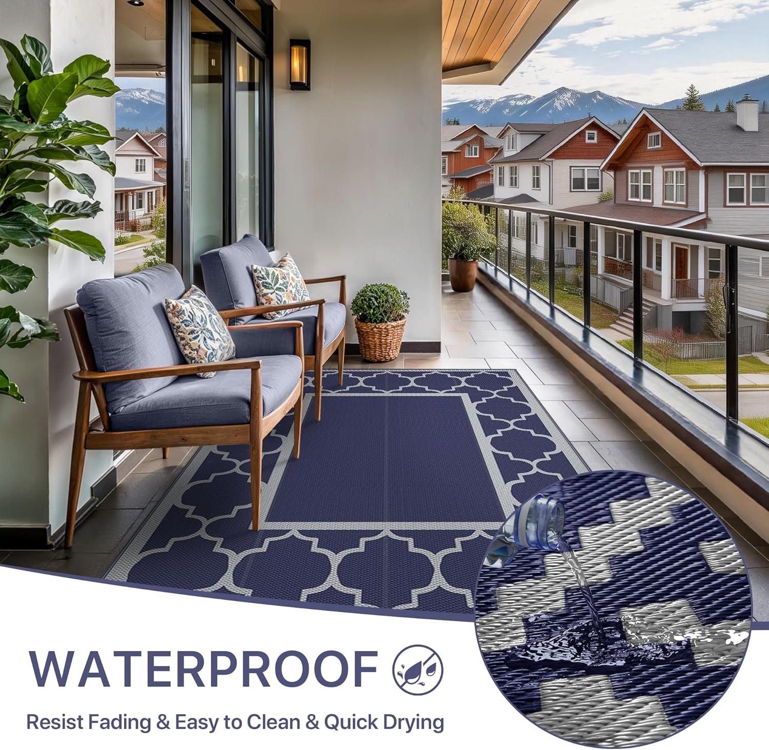 imageGENIMO 5 x 8 Outdoor Rug for Patio Waterproof Indoor Outdoor Plastic Straw Rugs Carpet Reversible Outside Area Mat for Camping Balcony Porch Deck Picnic Beach Navy Blue amp Jade GreenBlue Grey