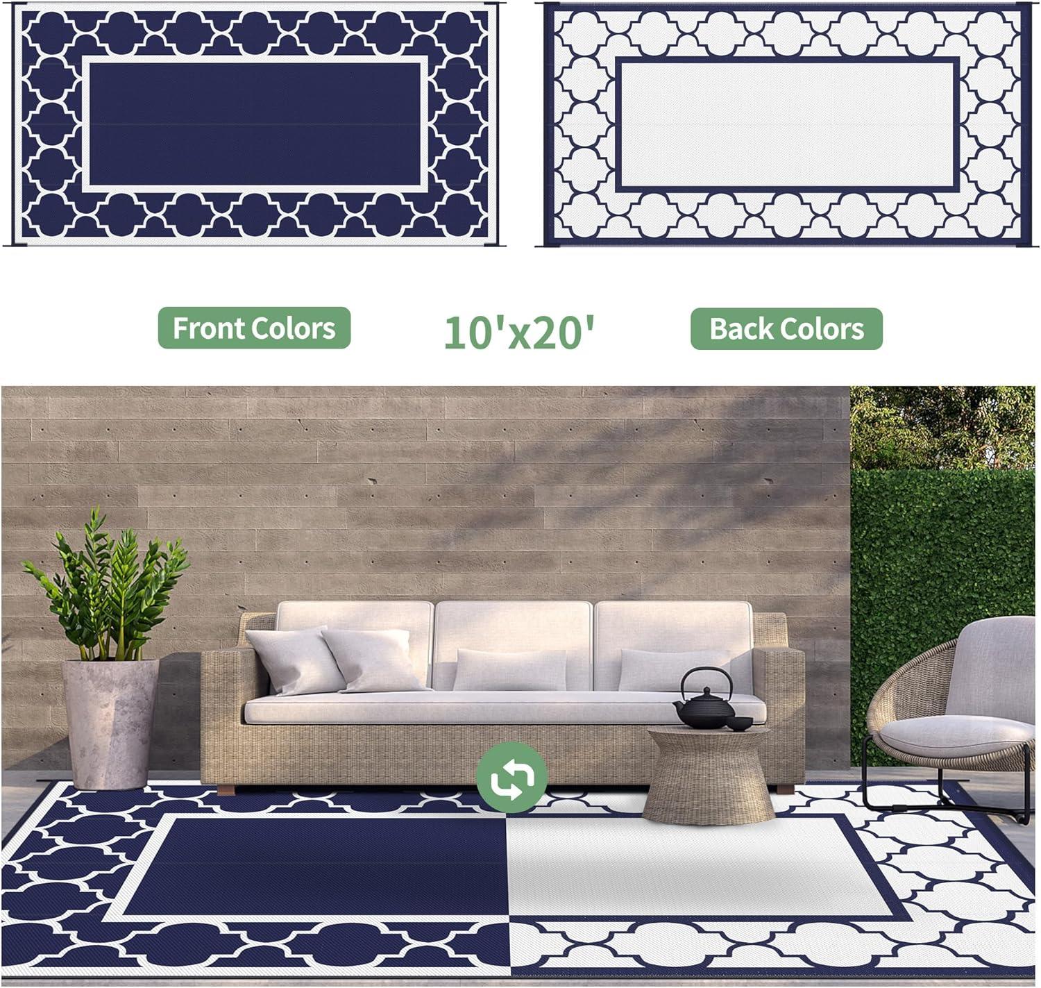 imageGENIMO 5 x 8 Outdoor Rug for Patio Waterproof Indoor Outdoor Plastic Straw Rugs Carpet Reversible Outside Area Mat for Camping Balcony Porch Deck Picnic Beach Navy Blue amp Jade GreenNavy Blue White