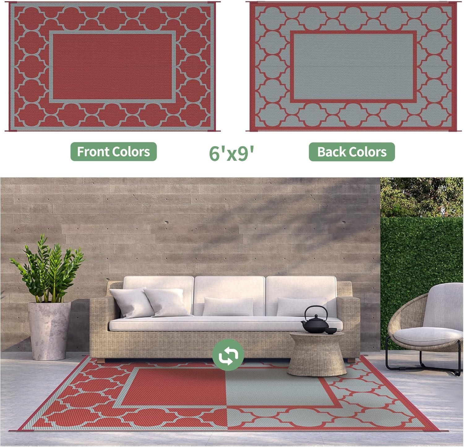 imageGENIMO 5 x 8 Outdoor Rug for Patio Waterproof Indoor Outdoor Plastic Straw Rugs Carpet Reversible Outside Area Mat for Camping Balcony Porch Deck Picnic Beach Navy Blue amp Jade GreenRed Grey