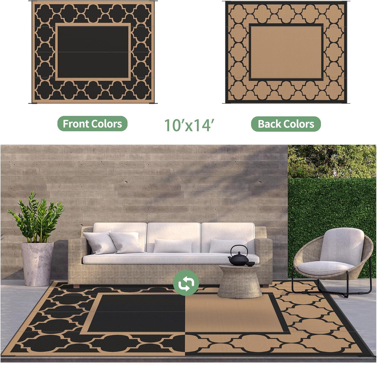 imageGENIMO 5 x 8 Outdoor Rug for Patio Waterproof Indoor Outdoor Plastic Straw Rugs Carpet Reversible Outside Area Mat for Camping Balcony Porch Deck Picnic Beach Navy Blue amp Jade GreenBlackbrown