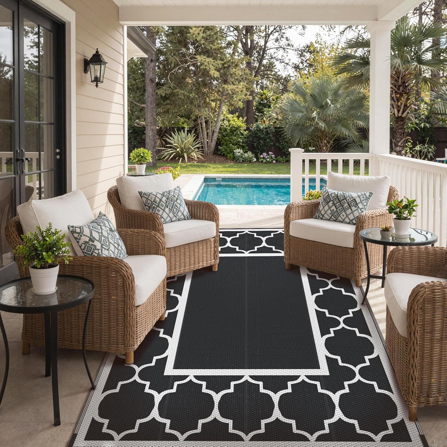 imageGENIMO 5 x 8 Outdoor Rug for Patio Waterproof Indoor Outdoor Plastic Straw Rugs Carpet Reversible Outside Area Mat for Camping Balcony Porch Deck Picnic Beach Navy Blue amp Jade GreenBlackwhite