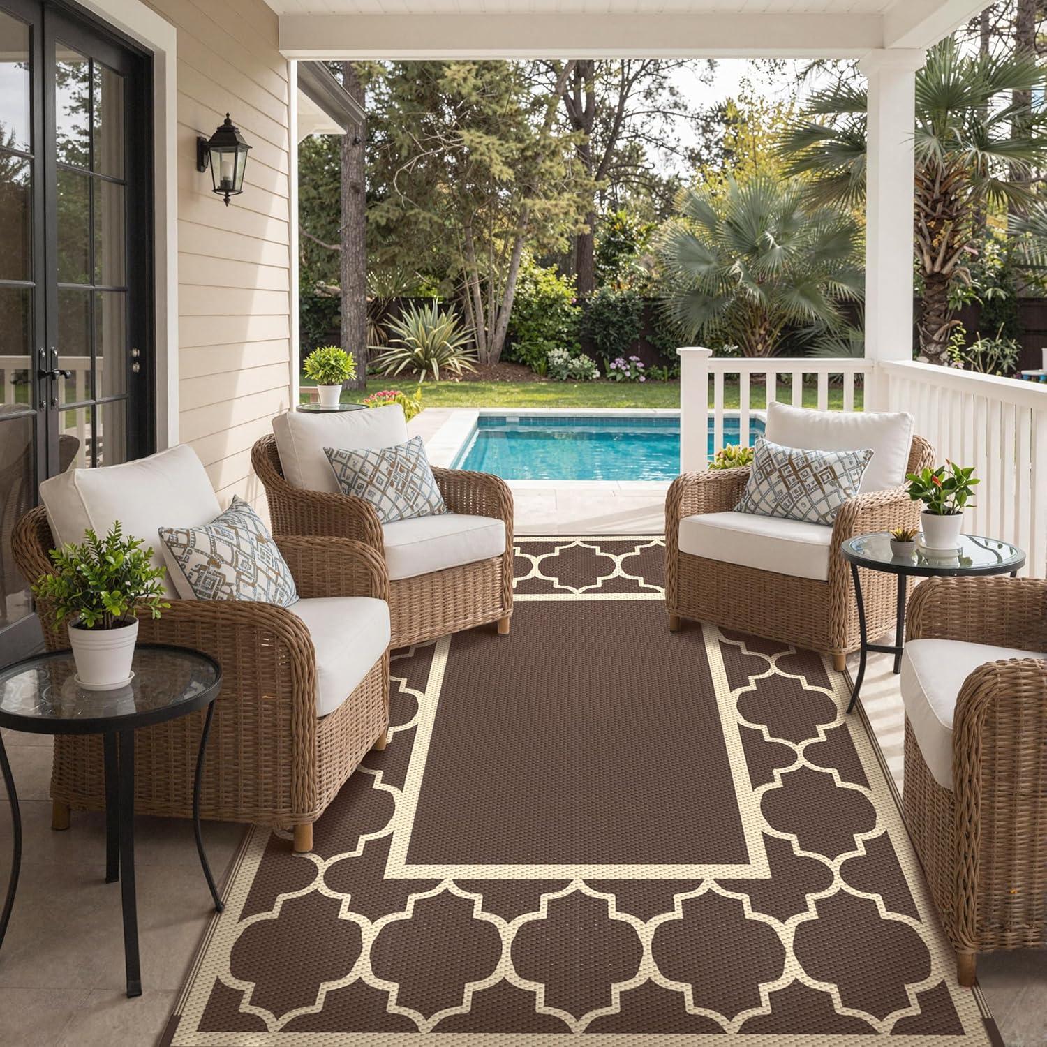 imageGENIMO 5 x 8 Outdoor Rug for Patio Waterproof Indoor Outdoor Plastic Straw Rugs Carpet Reversible Outside Area Mat for Camping Balcony Porch Deck Picnic Beach Navy Blue amp Jade GreenCoffeebeige