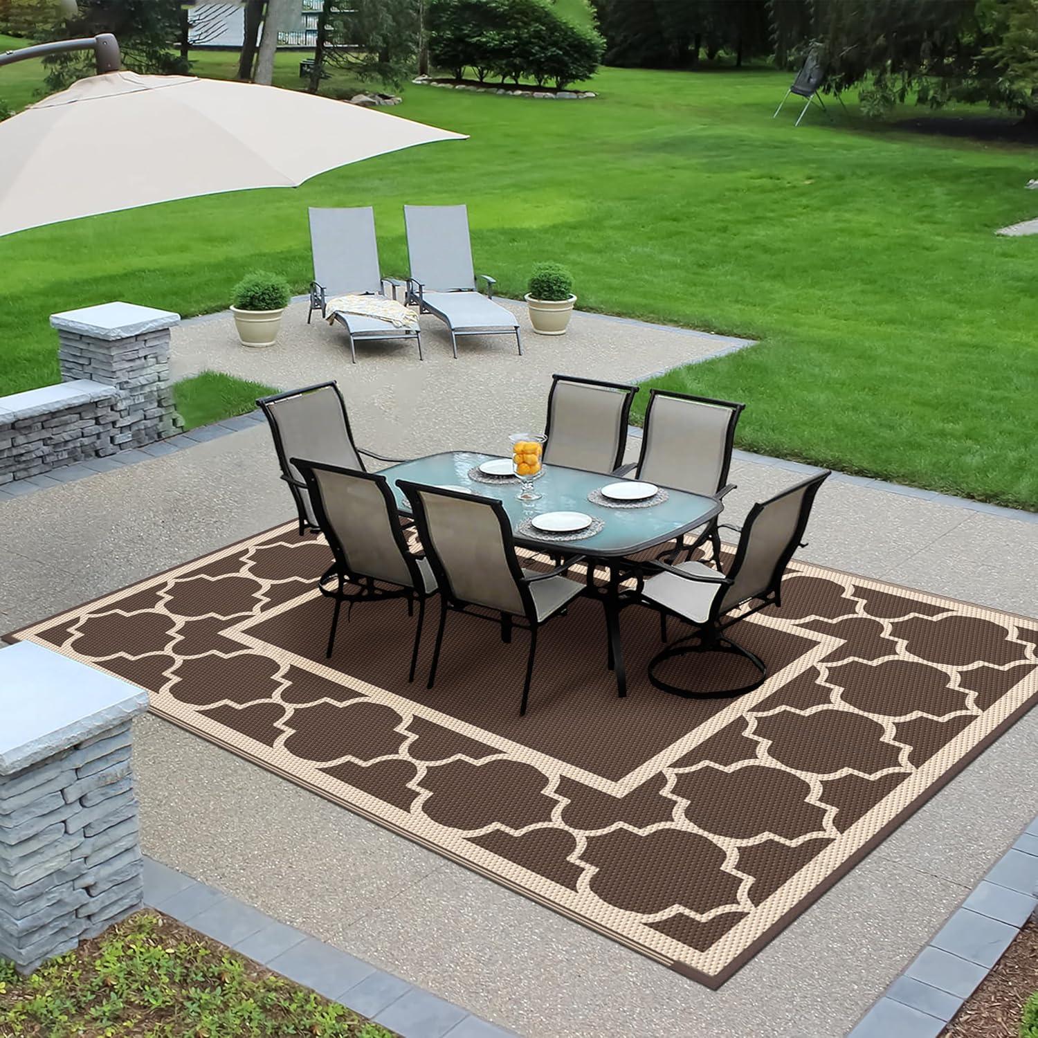 imageGENIMO 5 x 8 Outdoor Rug for Patio Waterproof Indoor Outdoor Plastic Straw Rugs Carpet Reversible Outside Area Mat for Camping Balcony Porch Deck Picnic Beach Navy Blue amp Jade GreenCoffeebeige