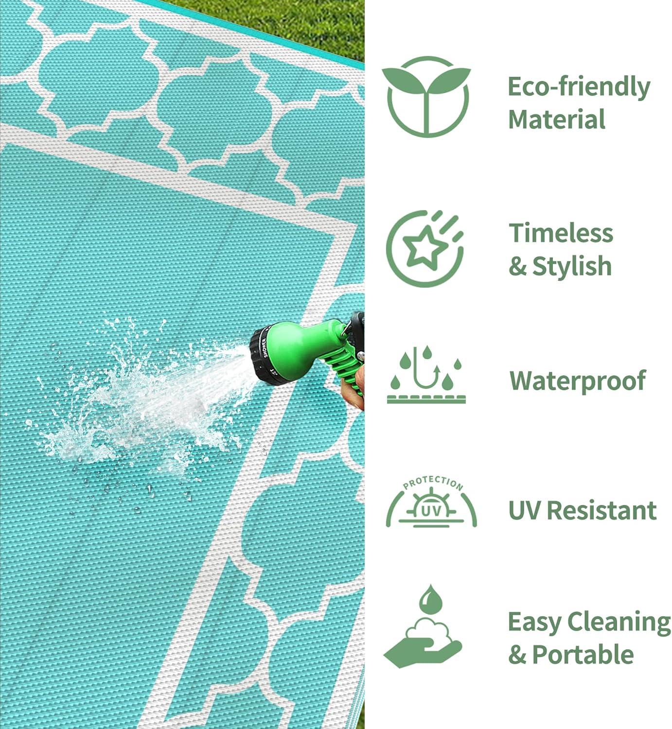 imageGENIMO 5 x 8 Outdoor Rug for Patio Waterproof Indoor Outdoor Plastic Straw Rugs Carpet Reversible Outside Area Mat for Camping Balcony Porch Deck Picnic Beach Navy Blue amp Jade GreenAqua Bluewhite