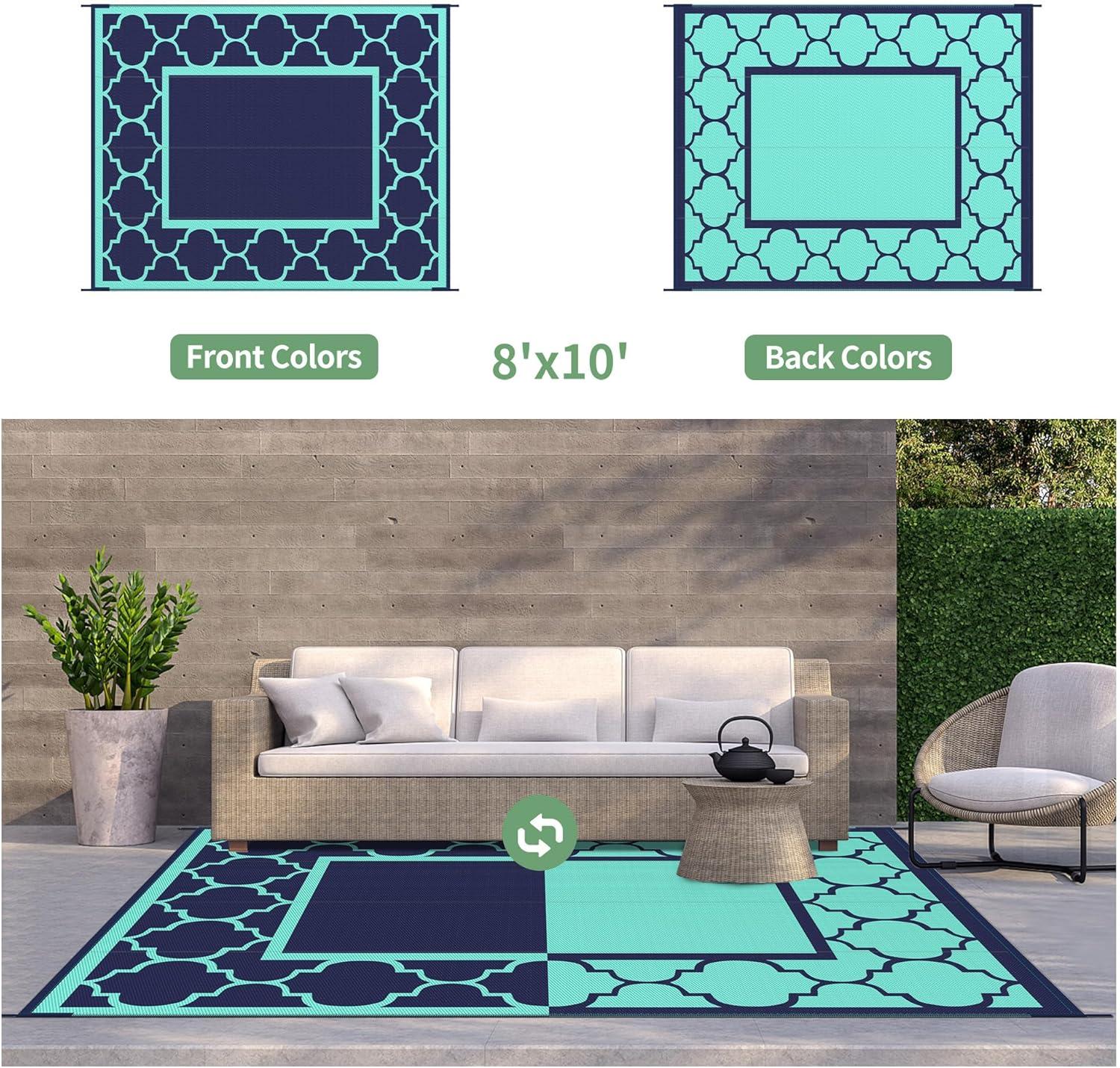 imageGENIMO 5 x 8 Outdoor Rug for Patio Waterproof Indoor Outdoor Plastic Straw Rugs Carpet Reversible Outside Area Mat for Camping Balcony Porch Deck Picnic Beach Navy Blue amp Jade GreenNavy Bluejade Green