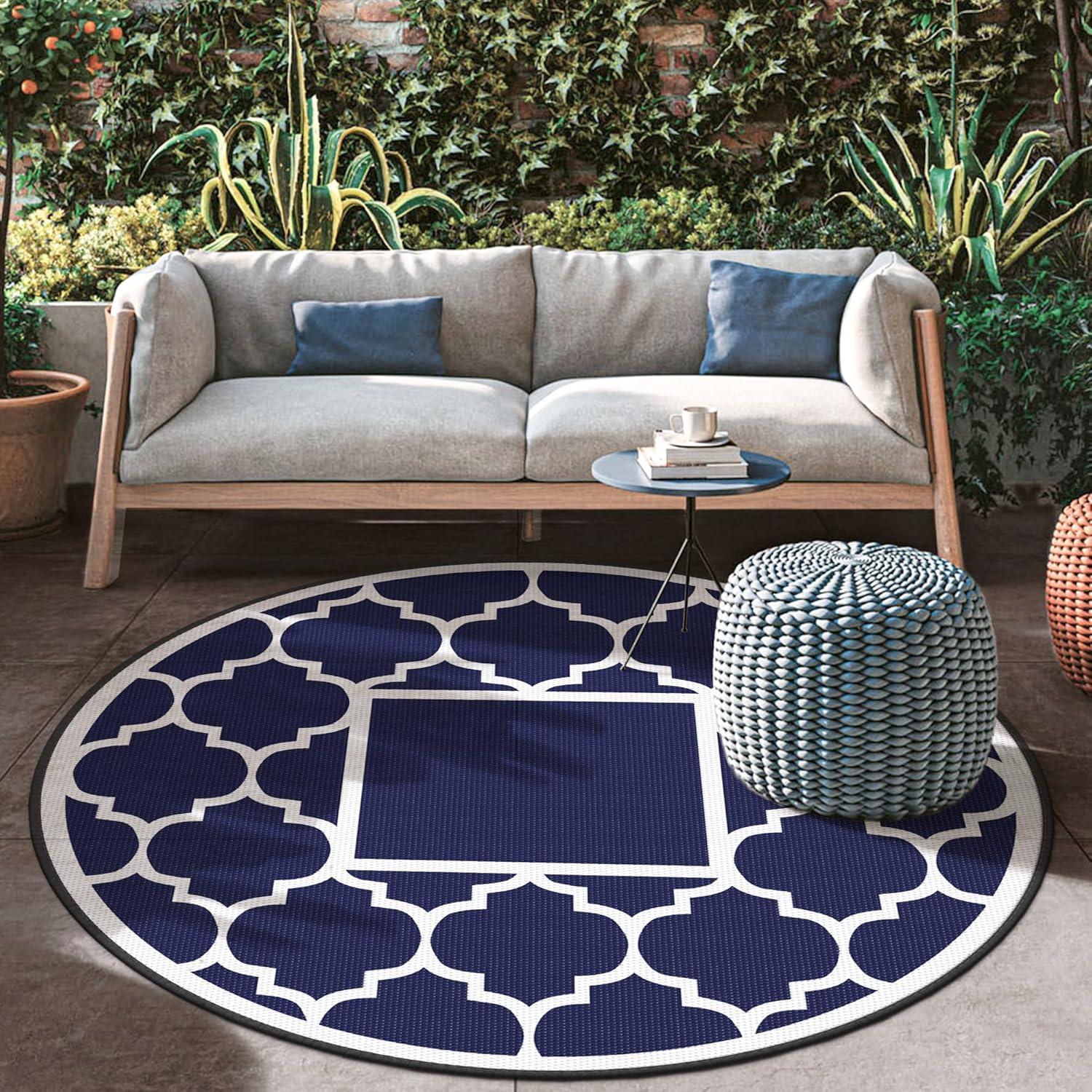 imageGENIMO 5 x 8 Outdoor Rug for Patio Waterproof Indoor Outdoor Plastic Straw Rugs Carpet Reversible Outside Area Mat for Camping Balcony Porch Deck Picnic Beach Navy Blue amp Jade GreenNavy Blue White