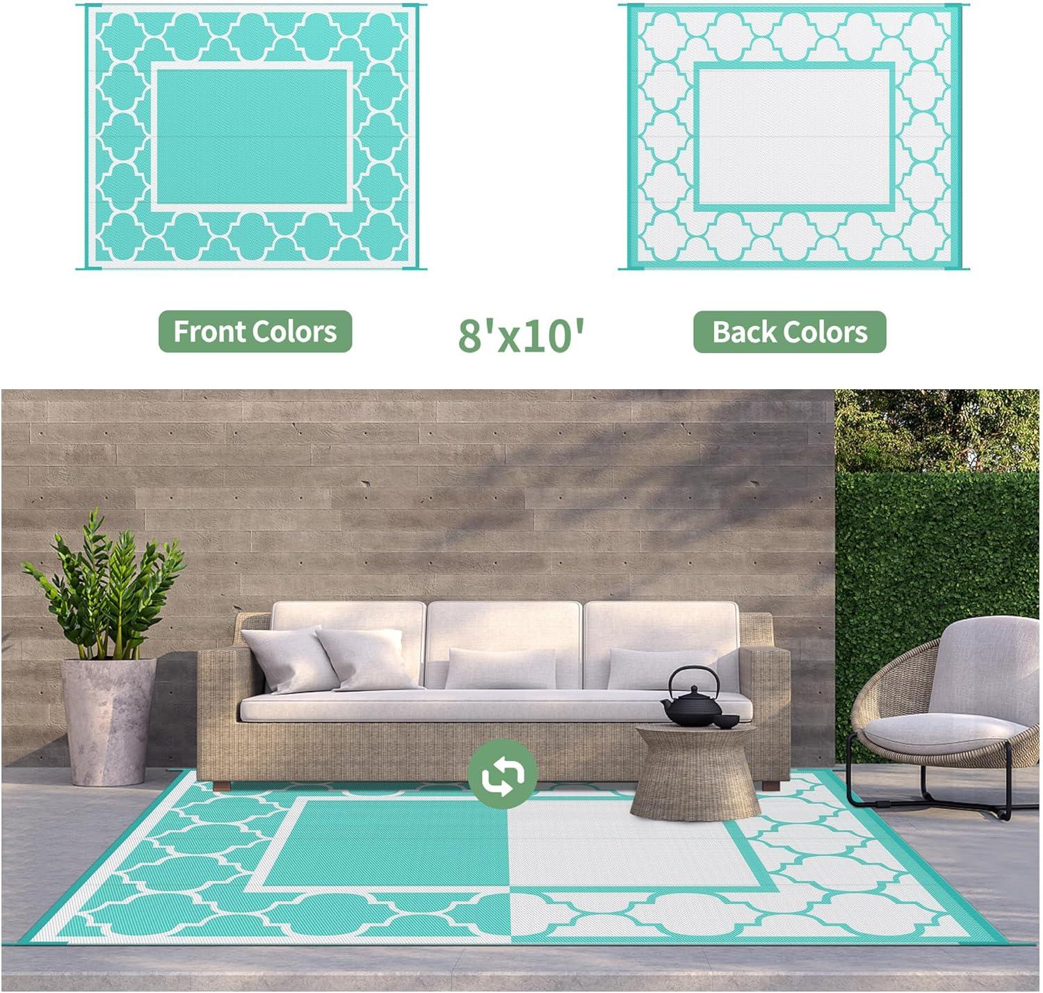 imageGENIMO 5 x 8 Outdoor Rug for Patio Waterproof Indoor Outdoor Plastic Straw Rugs Carpet Reversible Outside Area Mat for Camping Balcony Porch Deck Picnic Beach Navy Blue amp Jade GreenAqua Bluewhite