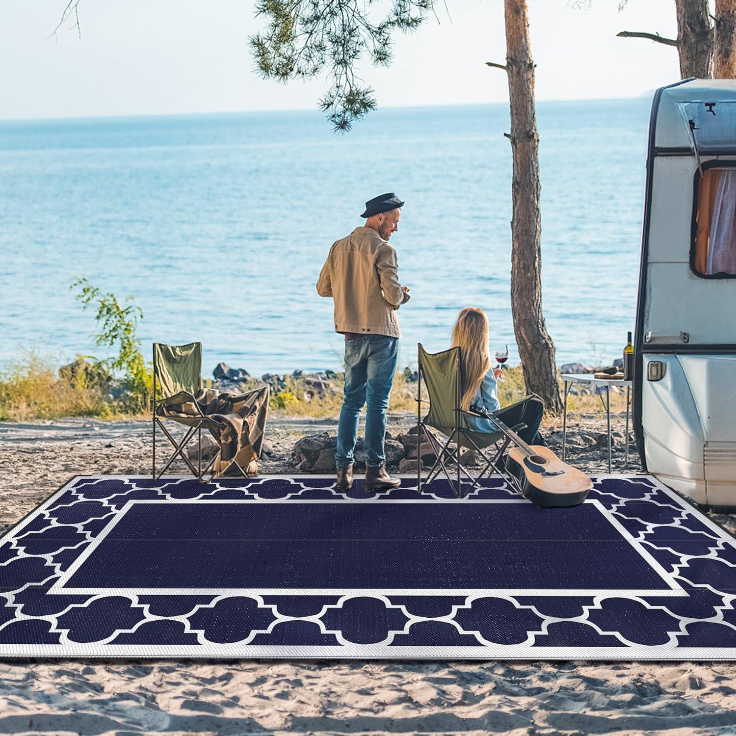 imageGENIMO 5 x 8 Outdoor Rug for Patio Waterproof Indoor Outdoor Plastic Straw Rugs Carpet Reversible Outside Area Mat for Camping Balcony Porch Deck Picnic Beach Navy Blue amp Jade GreenNavy Blue White