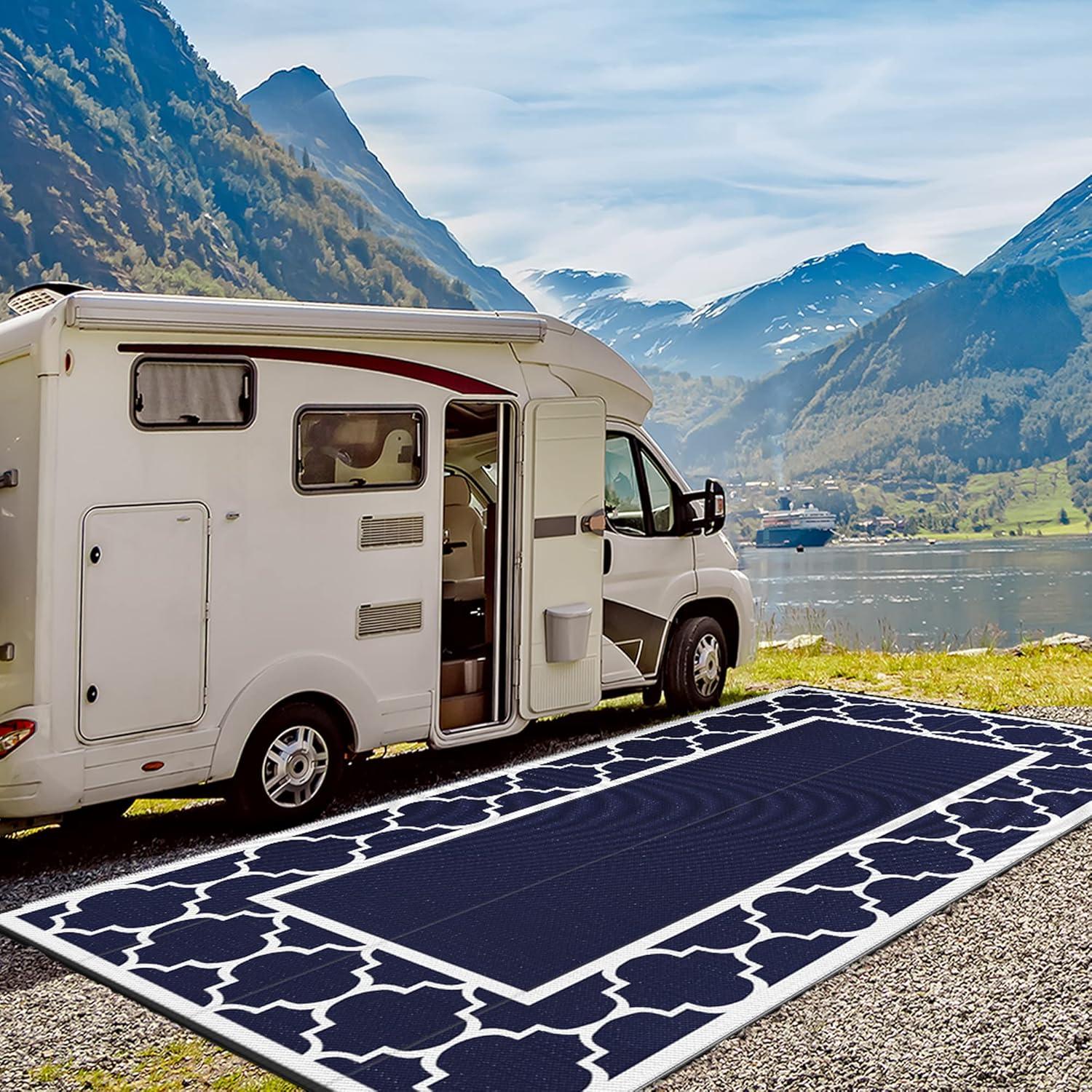 imageGENIMO 5 x 8 Outdoor Rug for Patio Waterproof Indoor Outdoor Plastic Straw Rugs Carpet Reversible Outside Area Mat for Camping Balcony Porch Deck Picnic Beach Navy Blue amp Jade GreenNavy Blue White