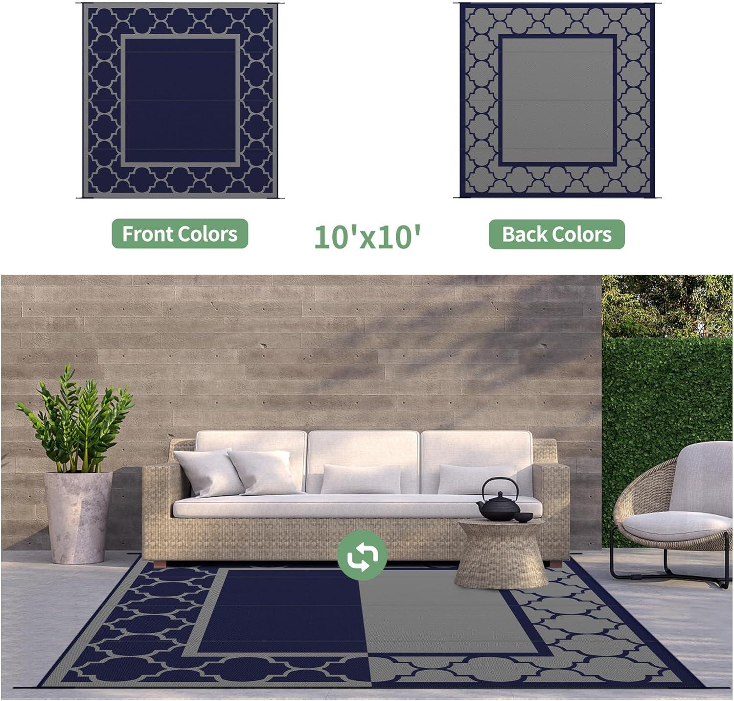 imageGENIMO 5 x 8 Outdoor Rug for Patio Waterproof Indoor Outdoor Plastic Straw Rugs Carpet Reversible Outside Area Mat for Camping Balcony Porch Deck Picnic Beach Navy Blue amp Jade GreenBlue Grey