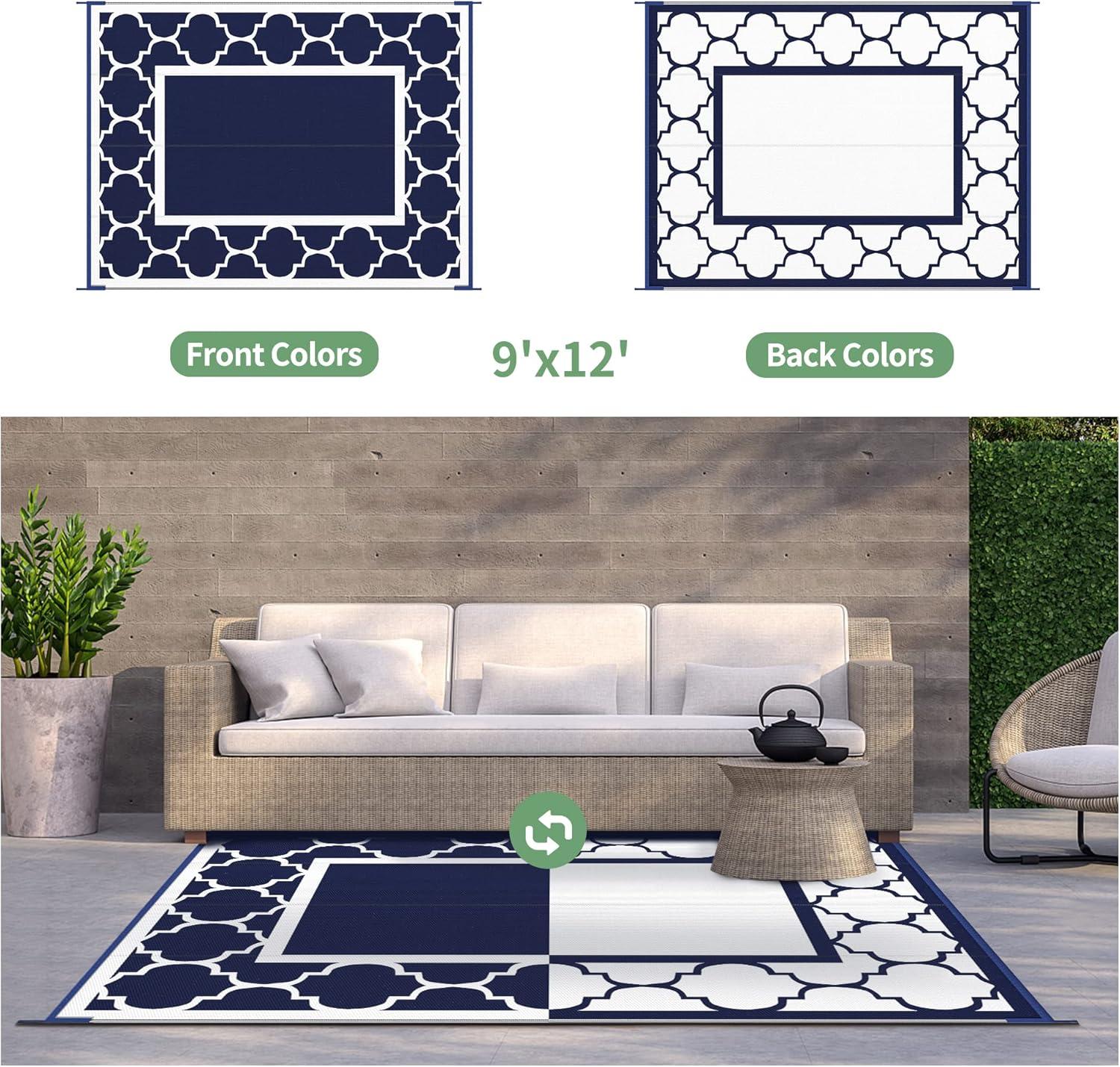 imageGENIMO 5 x 8 Outdoor Rug for Patio Waterproof Indoor Outdoor Plastic Straw Rugs Carpet Reversible Outside Area Mat for Camping Balcony Porch Deck Picnic Beach Navy Blue amp Jade GreenNavy Blue White
