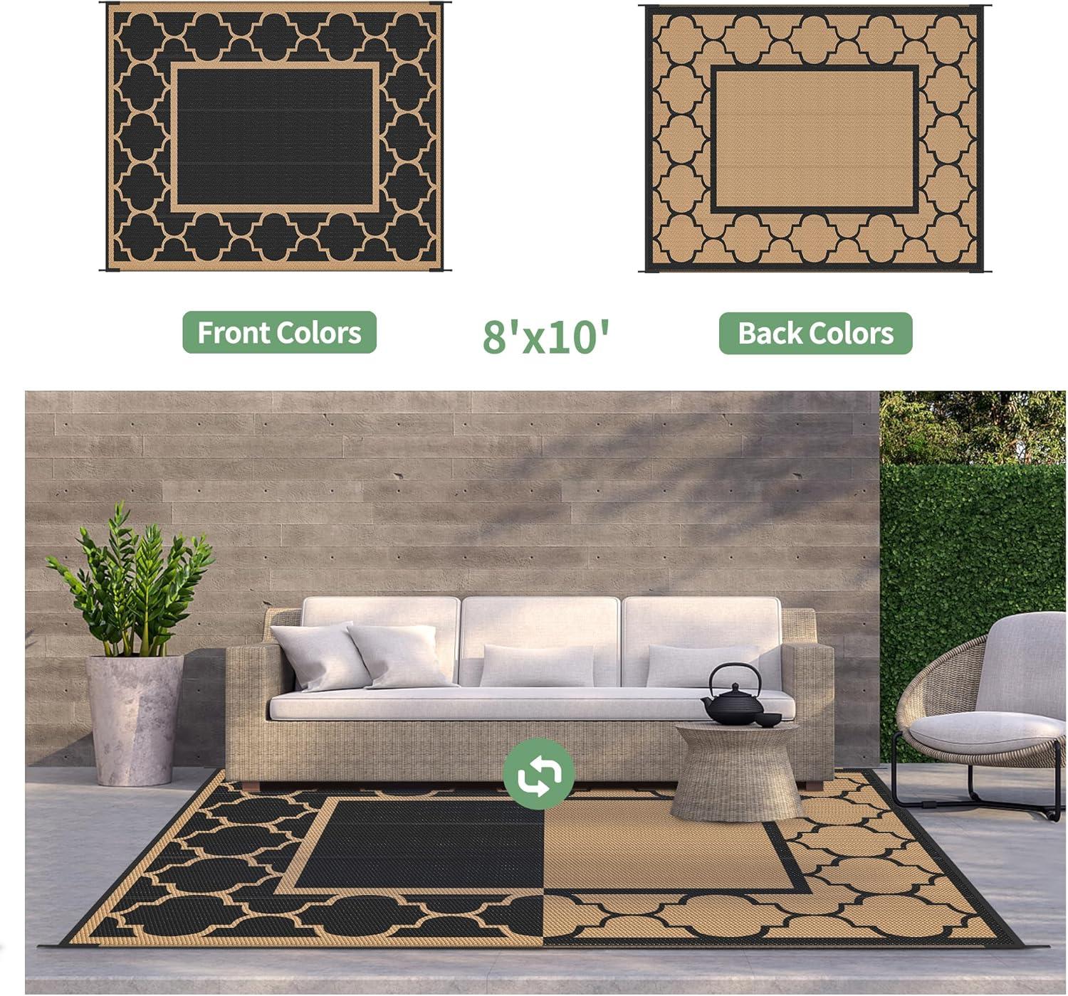 imageGENIMO 5 x 8 Outdoor Rug for Patio Waterproof Indoor Outdoor Plastic Straw Rugs Carpet Reversible Outside Area Mat for Camping Balcony Porch Deck Picnic Beach Navy Blue amp Jade GreenBlackbrown
