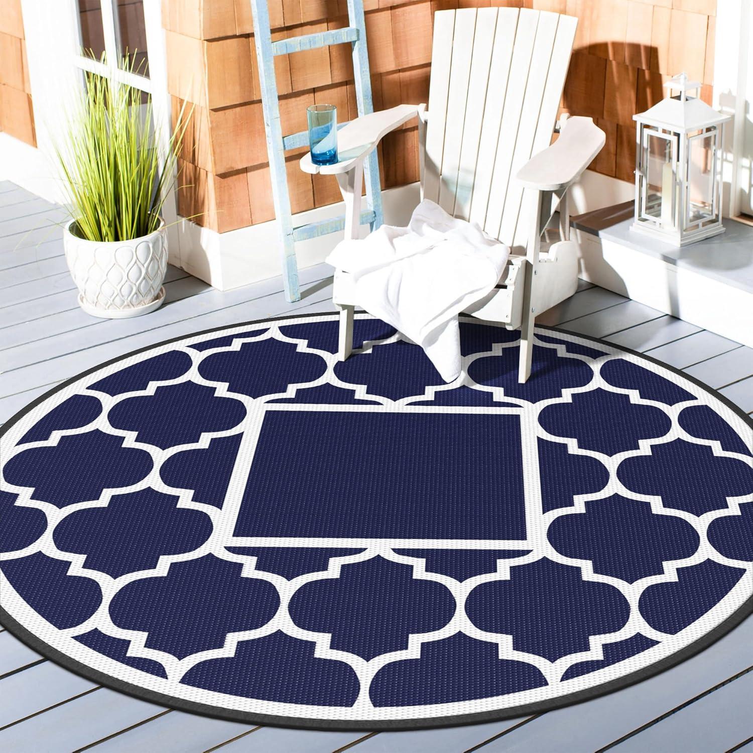 imageGENIMO 5 x 8 Outdoor Rug for Patio Waterproof Indoor Outdoor Plastic Straw Rugs Carpet Reversible Outside Area Mat for Camping Balcony Porch Deck Picnic Beach Navy Blue amp Jade GreenNavy Blue White