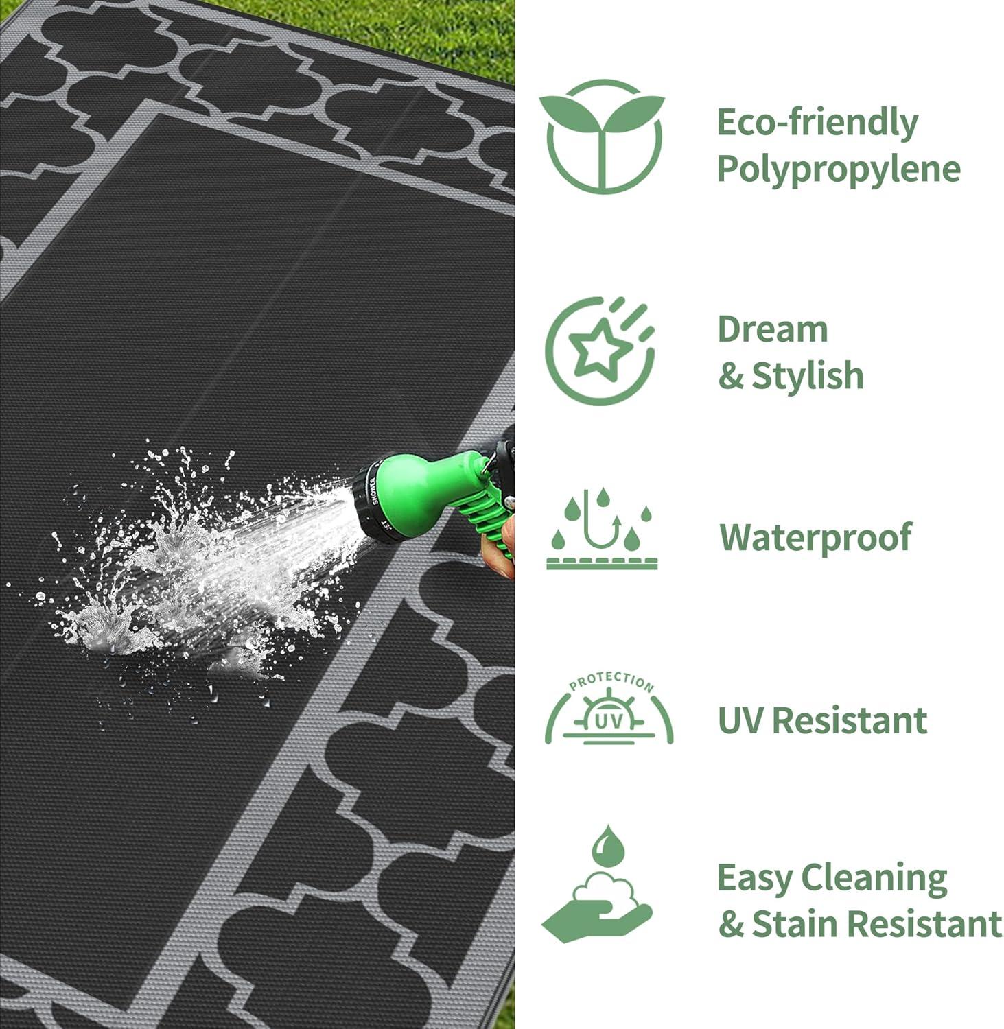 imageGENIMO 5 x 8 Outdoor Rug for Patio Waterproof Indoor Outdoor Plastic Straw Rugs Carpet Reversible Outside Area Mat for Camping Balcony Porch Deck Picnic Beach Navy Blue amp Jade GreenLanternBlackgray