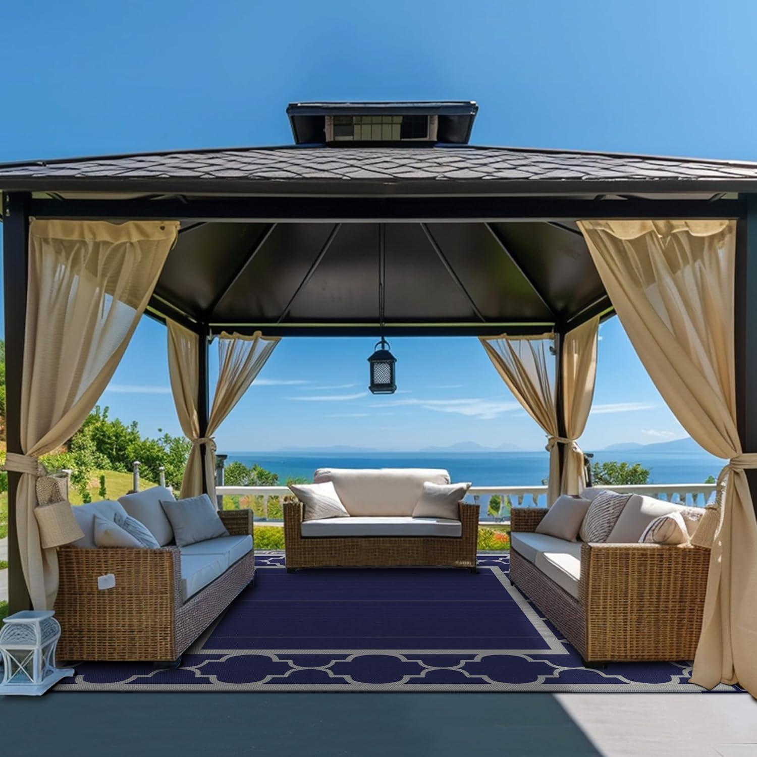 imageGENIMO 5 x 8 Outdoor Rug for Patio Waterproof Indoor Outdoor Plastic Straw Rugs Carpet Reversible Outside Area Mat for Camping Balcony Porch Deck Picnic Beach Navy Blue amp Jade GreenBlue Grey