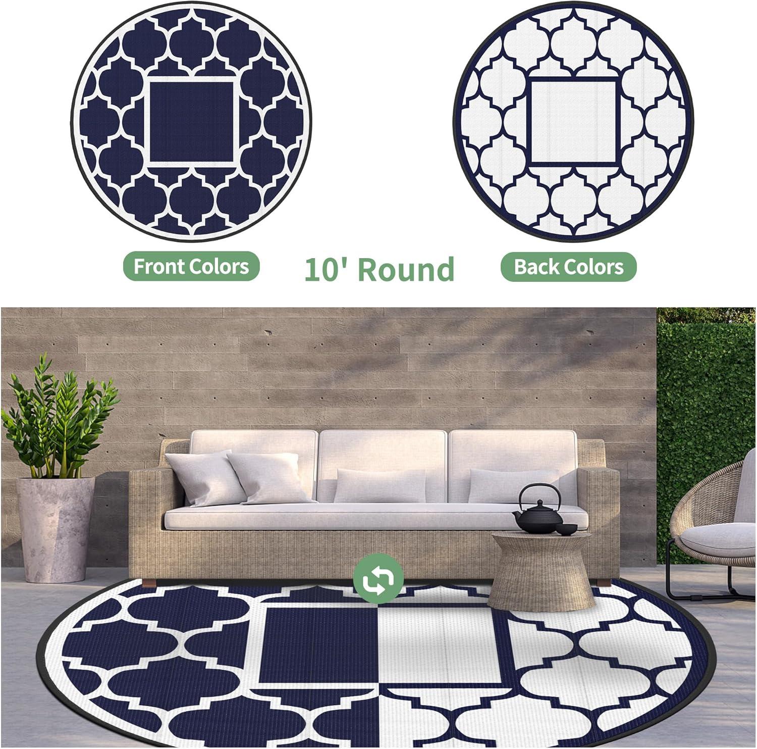 imageGENIMO 5 x 8 Outdoor Rug for Patio Waterproof Indoor Outdoor Plastic Straw Rugs Carpet Reversible Outside Area Mat for Camping Balcony Porch Deck Picnic Beach Navy Blue amp Jade GreenNavy Blue White