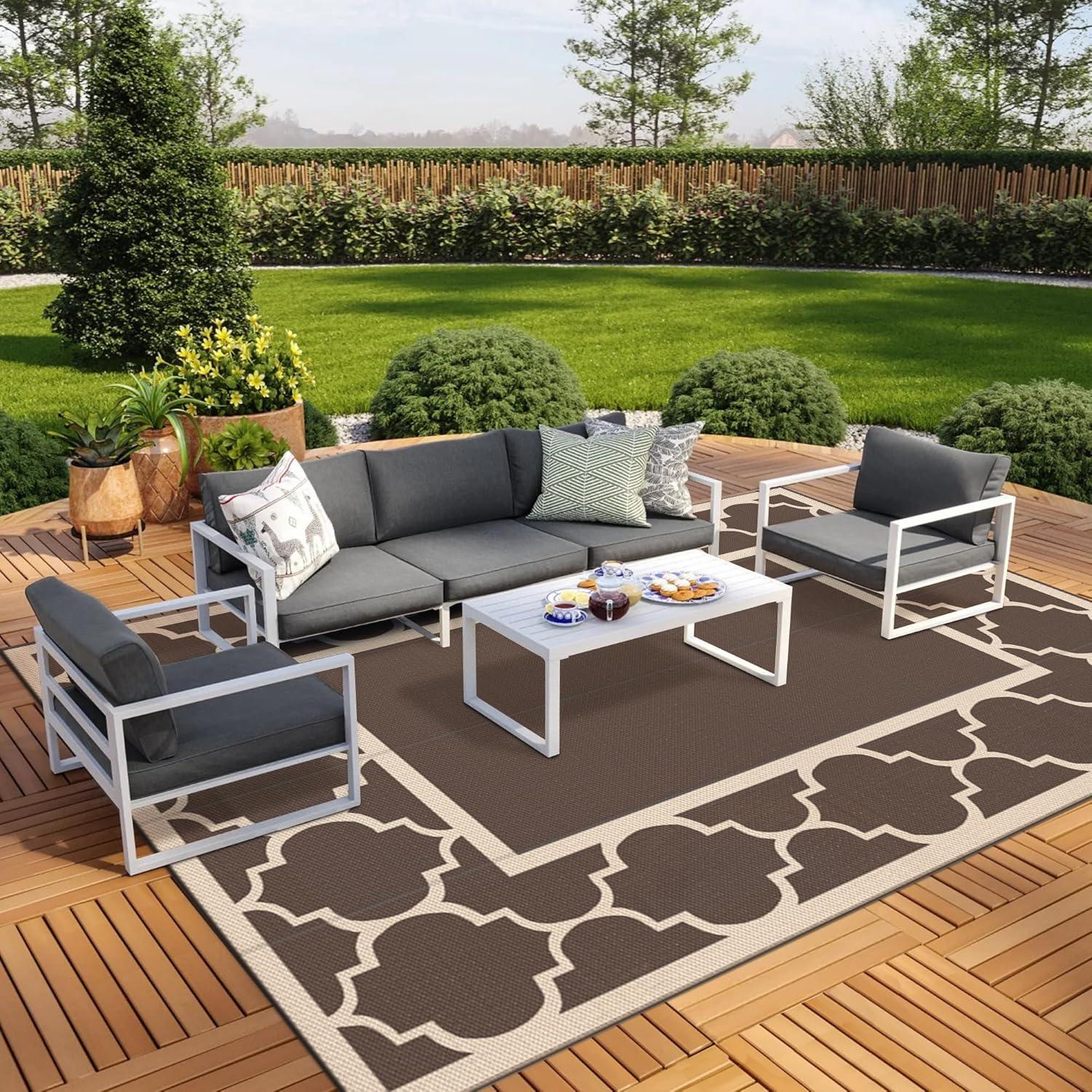 imageGENIMO 5 x 8 Outdoor Rug for Patio Waterproof Indoor Outdoor Plastic Straw Rugs Carpet Reversible Outside Area Mat for Camping Balcony Porch Deck Picnic Beach Navy Blue amp Jade GreenCoffeebeige