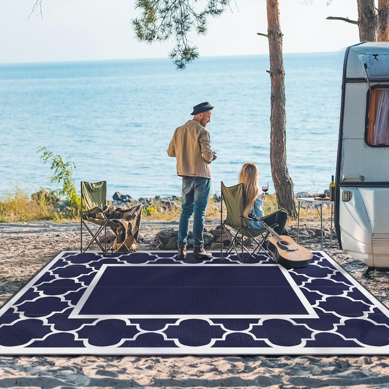imageGENIMO 5 x 8 Outdoor Rug for Patio Waterproof Indoor Outdoor Plastic Straw Rugs Carpet Reversible Outside Area Mat for Camping Balcony Porch Deck Picnic Beach Navy Blue amp Jade GreenNavy Blue White