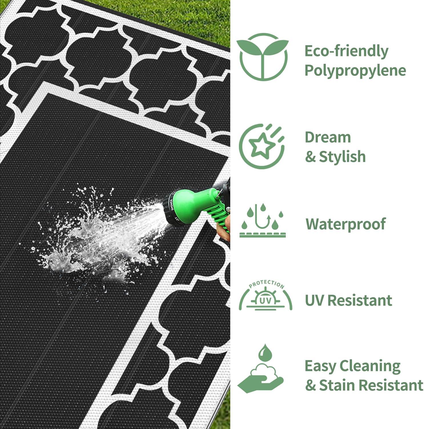 imageGENIMO 5 x 8 Outdoor Rug for Patio Waterproof Indoor Outdoor Plastic Straw Rugs Carpet Reversible Outside Area Mat for Camping Balcony Porch Deck Picnic Beach Navy Blue amp Jade GreenBlackwhite