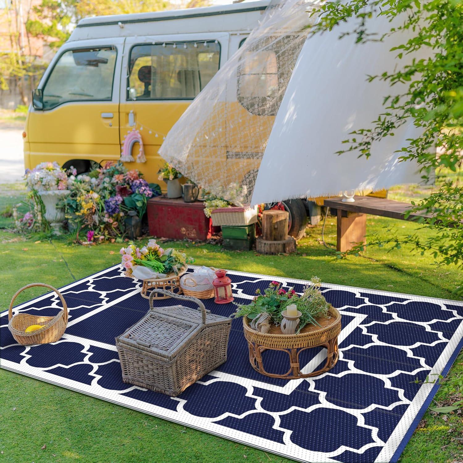 imageGENIMO 5 x 8 Outdoor Rug for Patio Waterproof Indoor Outdoor Plastic Straw Rugs Carpet Reversible Outside Area Mat for Camping Balcony Porch Deck Picnic Beach Navy Blue amp Jade GreenNavy Blue White