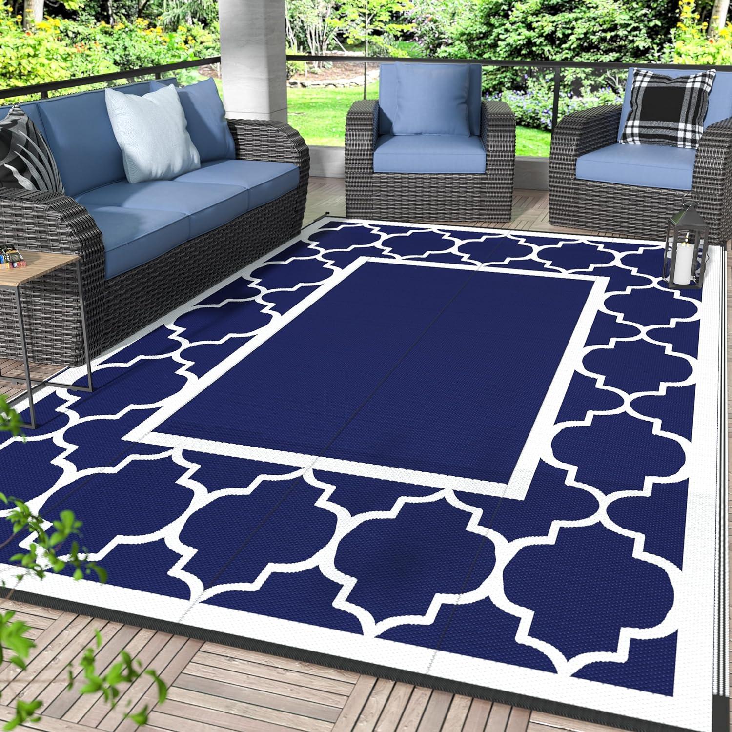 imageGENIMO 5 x 8 Outdoor Rug for Patio Waterproof Indoor Outdoor Plastic Straw Rugs Carpet Reversible Outside Area Mat for Camping Balcony Porch Deck Picnic Beach Navy Blue amp Jade GreenNavy Blue White