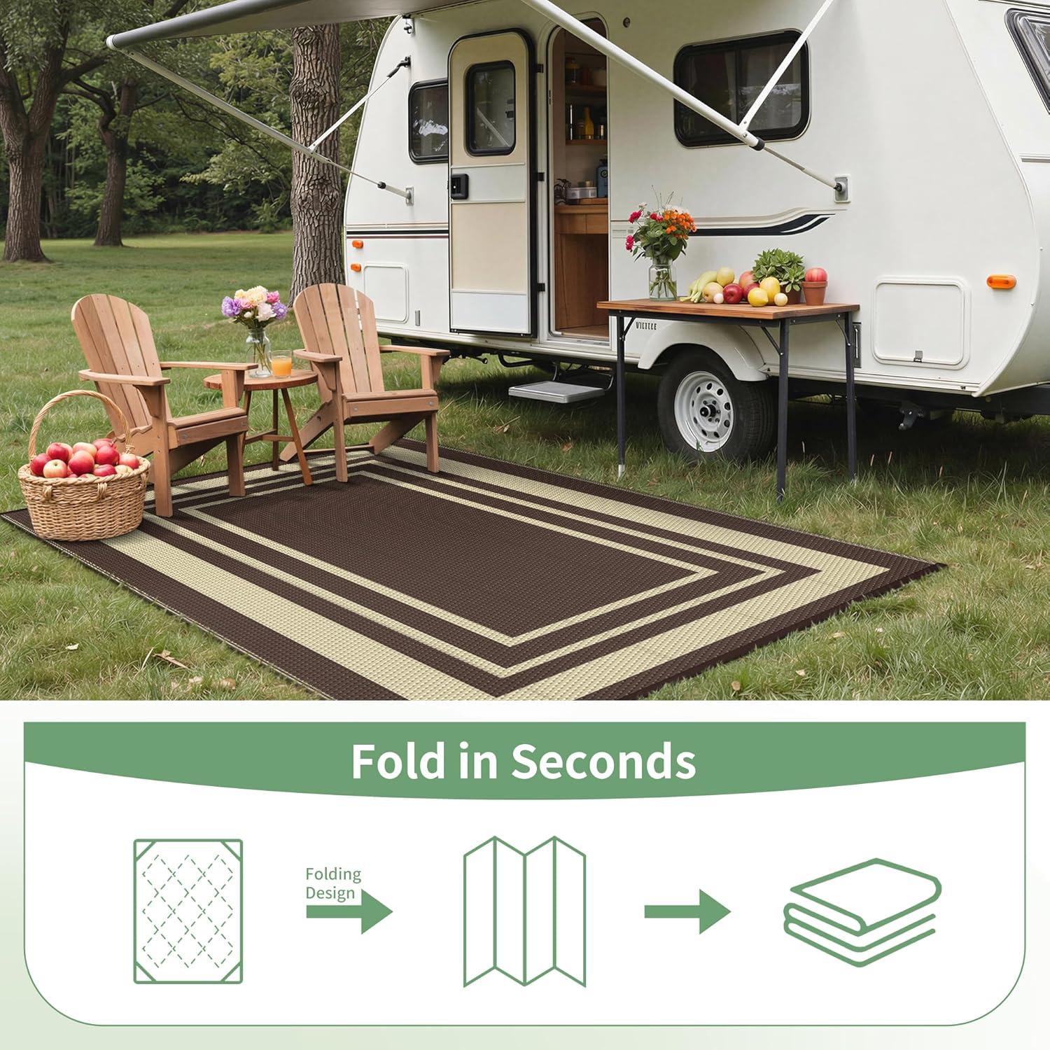imageGENIMO 5 x 8 Outdoor Rug for Patio Waterproof Indoor Outdoor Plastic Straw Rugs Carpet Reversible Outside Area Mat for Camping Balcony Porch Deck Picnic Beach Navy Blue amp Jade GreenMcoffee Beige