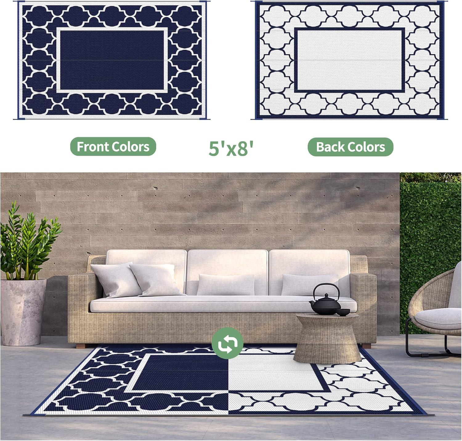 imageGENIMO 5 x 8 Outdoor Rug for Patio Waterproof Indoor Outdoor Plastic Straw Rugs Carpet Reversible Outside Area Mat for Camping Balcony Porch Deck Picnic Beach Navy Blue amp Jade GreenNavy Blue White