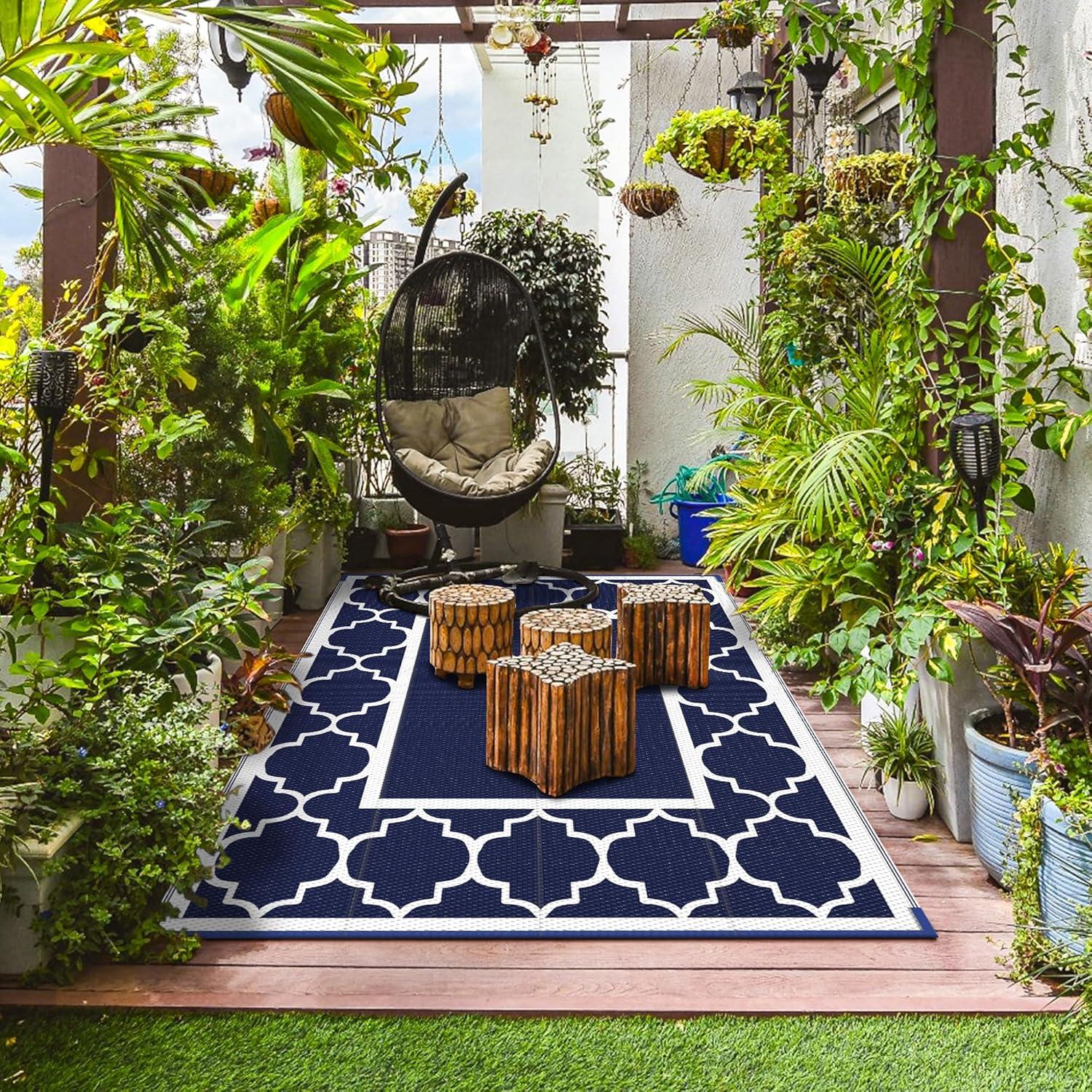 imageGENIMO 5 x 8 Outdoor Rug for Patio Waterproof Indoor Outdoor Plastic Straw Rugs Carpet Reversible Outside Area Mat for Camping Balcony Porch Deck Picnic Beach Navy Blue amp Jade GreenNavy Blue White