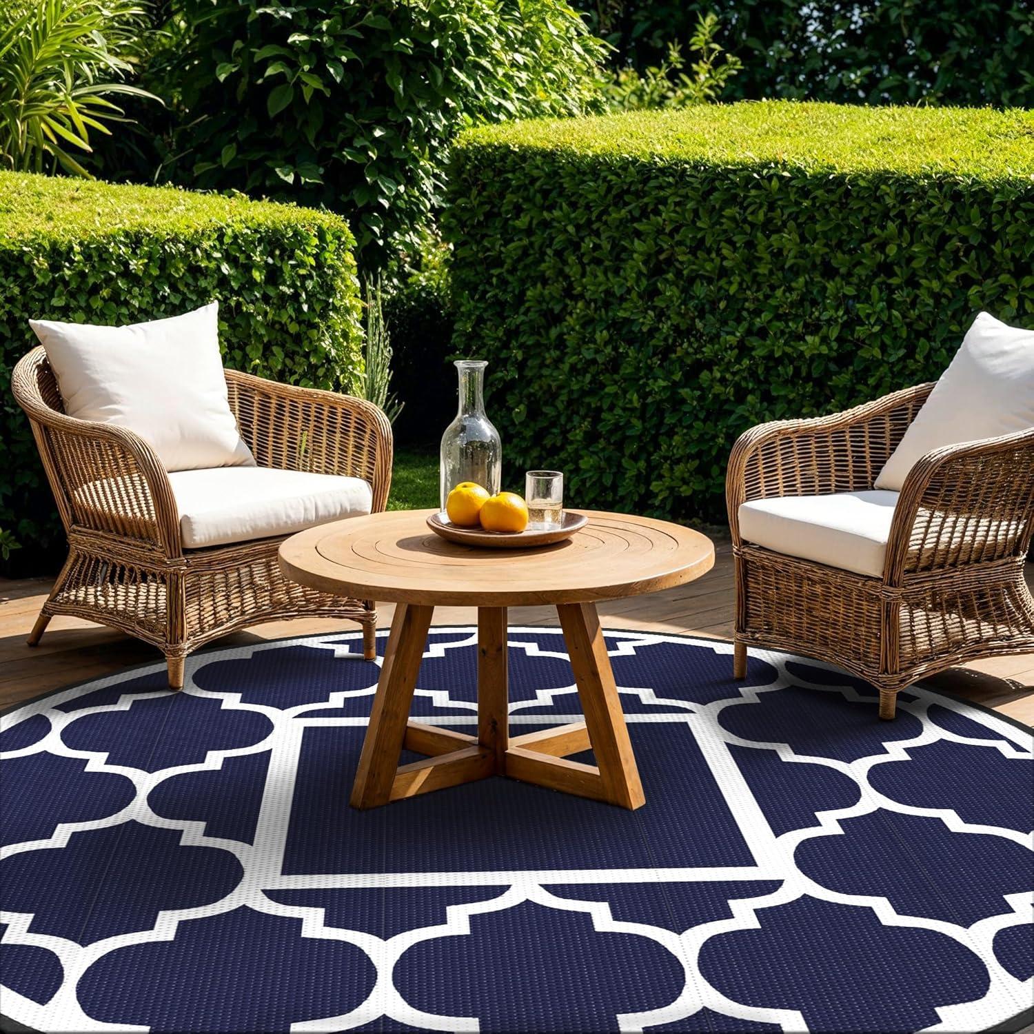 imageGENIMO 5 x 8 Outdoor Rug for Patio Waterproof Indoor Outdoor Plastic Straw Rugs Carpet Reversible Outside Area Mat for Camping Balcony Porch Deck Picnic Beach Navy Blue amp Jade GreenNavy Blue White