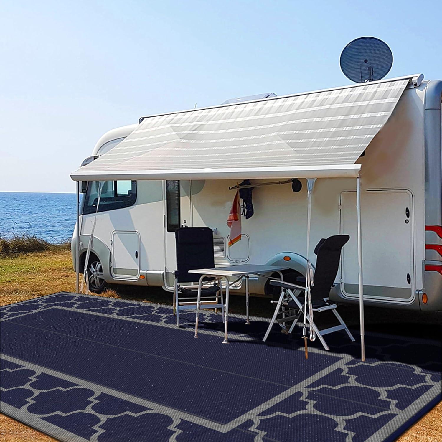 imageGENIMO 5 x 8 Outdoor Rug for Patio Waterproof Indoor Outdoor Plastic Straw Rugs Carpet Reversible Outside Area Mat for Camping Balcony Porch Deck Picnic Beach Navy Blue amp Jade GreenBlue Grey