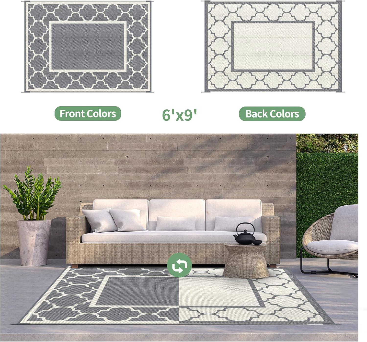 imageGENIMO 5 x 8 Outdoor Rug for Patio Waterproof Indoor Outdoor Plastic Straw Rugs Carpet Reversible Outside Area Mat for Camping Balcony Porch Deck Picnic Beach Navy Blue amp Jade GreenGreybeige White