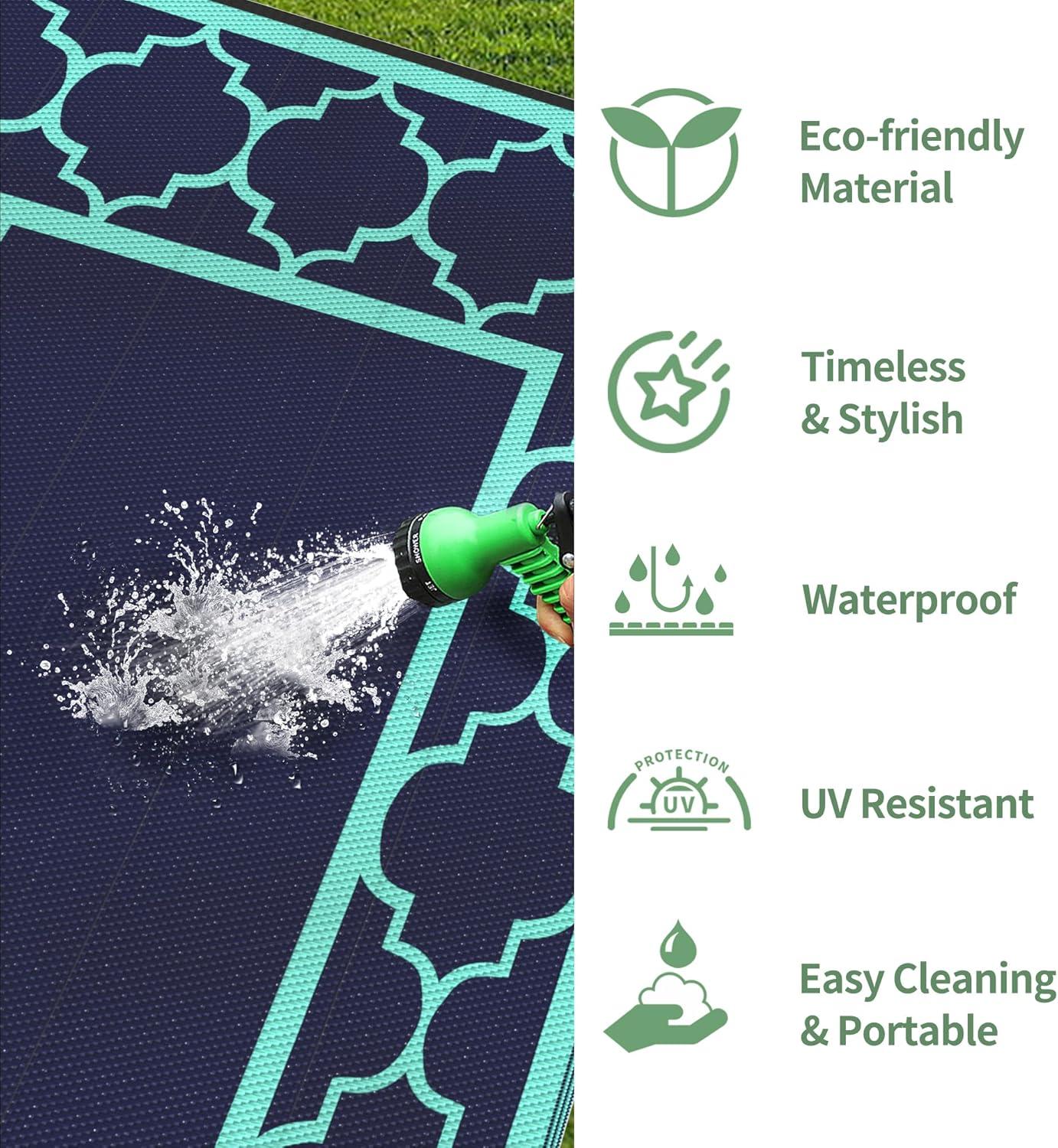 imageGENIMO 5 x 8 Outdoor Rug for Patio Waterproof Indoor Outdoor Plastic Straw Rugs Carpet Reversible Outside Area Mat for Camping Balcony Porch Deck Picnic Beach Navy Blue amp Jade GreenNavy Bluejade Green