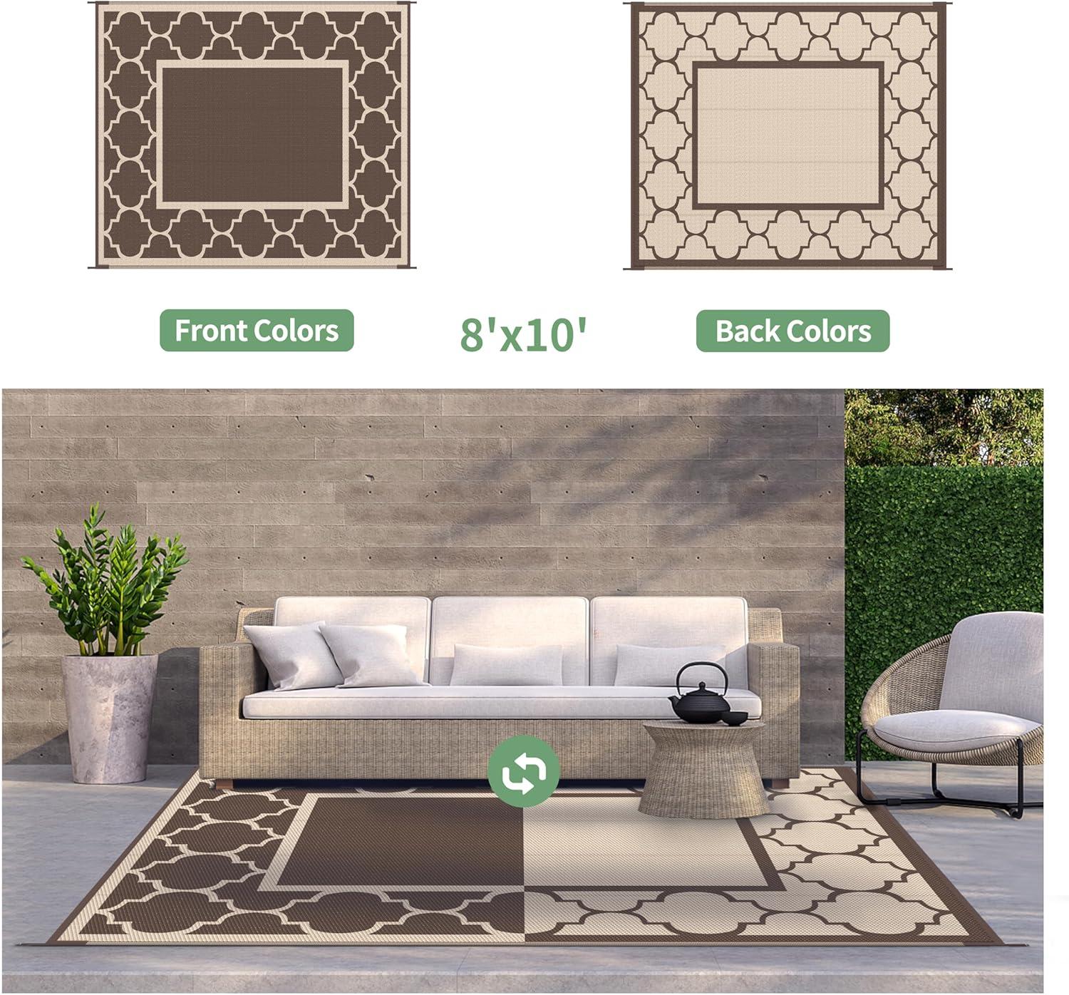 imageGENIMO 5 x 8 Outdoor Rug for Patio Waterproof Indoor Outdoor Plastic Straw Rugs Carpet Reversible Outside Area Mat for Camping Balcony Porch Deck Picnic Beach Navy Blue amp Jade GreenCoffeebeige