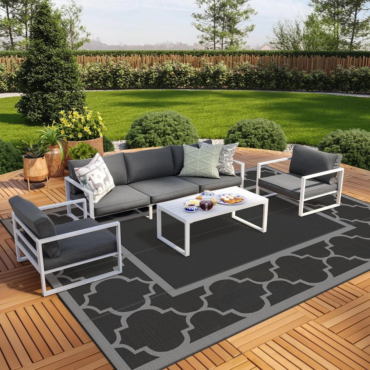 imageGENIMO 5 x 8 Outdoor Rug for Patio Waterproof Indoor Outdoor Plastic Straw Rugs Carpet Reversible Outside Area Mat for Camping Balcony Porch Deck Picnic Beach Navy Blue amp Jade GreenLanternBlackgray
