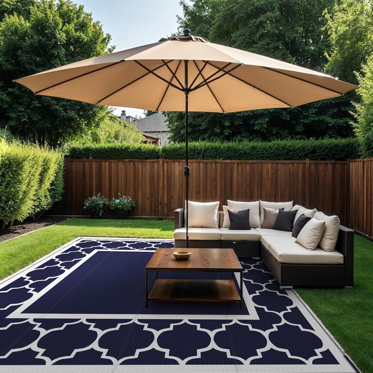 imageGENIMO 5 x 8 Outdoor Rug for Patio Waterproof Indoor Outdoor Plastic Straw Rugs Carpet Reversible Outside Area Mat for Camping Balcony Porch Deck Picnic Beach Navy Blue amp Jade GreenNavy Blue White
