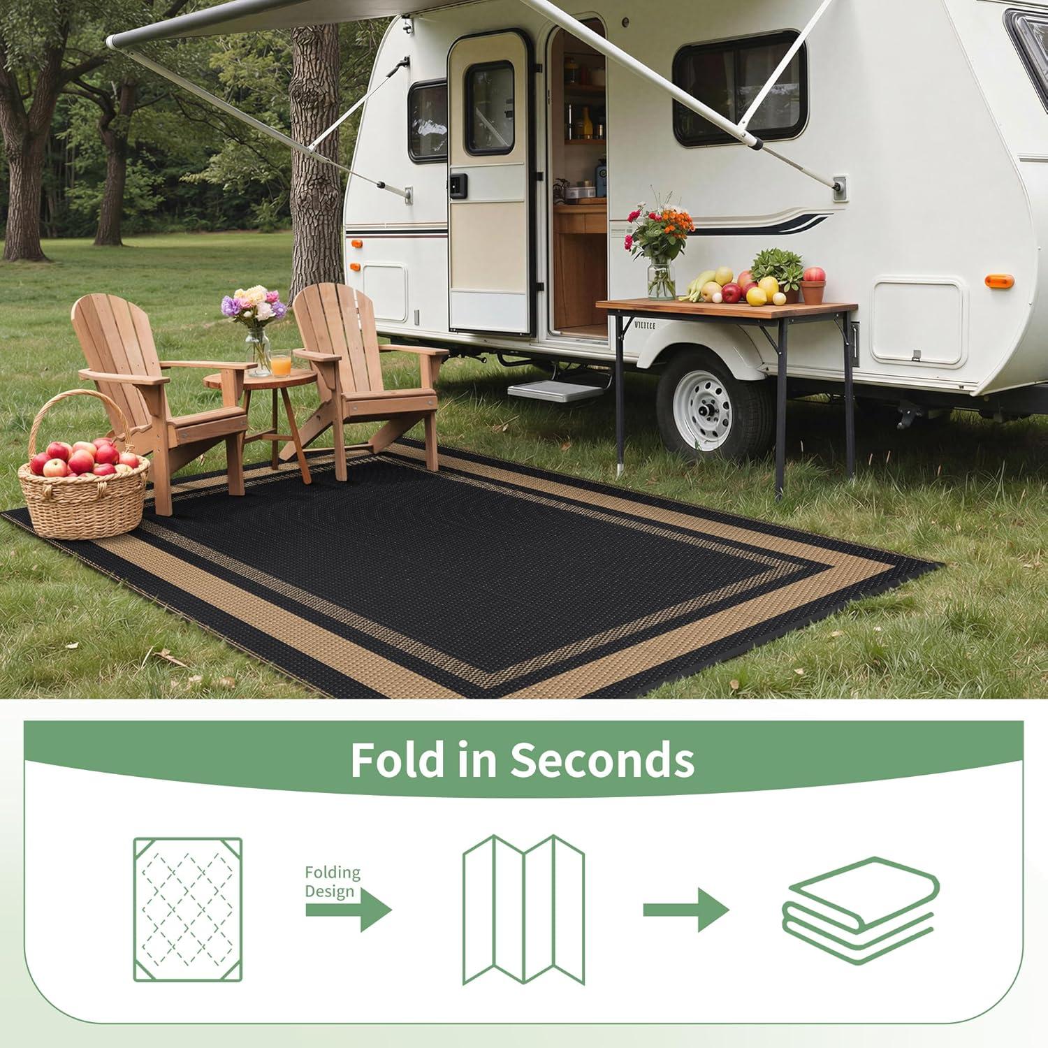 imageGENIMO 5 x 8 Outdoor Rug for Patio Waterproof Indoor Outdoor Plastic Straw Rugs Carpet Reversible Outside Area Mat for Camping Balcony Porch Deck Picnic Beach Navy Blue amp Jade GreenMblack Brown