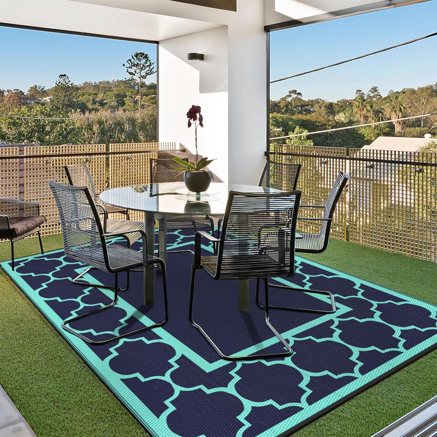 imageGENIMO 5 x 8 Outdoor Rug for Patio Waterproof Indoor Outdoor Plastic Straw Rugs Carpet Reversible Outside Area Mat for Camping Balcony Porch Deck Picnic Beach Navy Blue amp Jade GreenNavy Bluejade Green